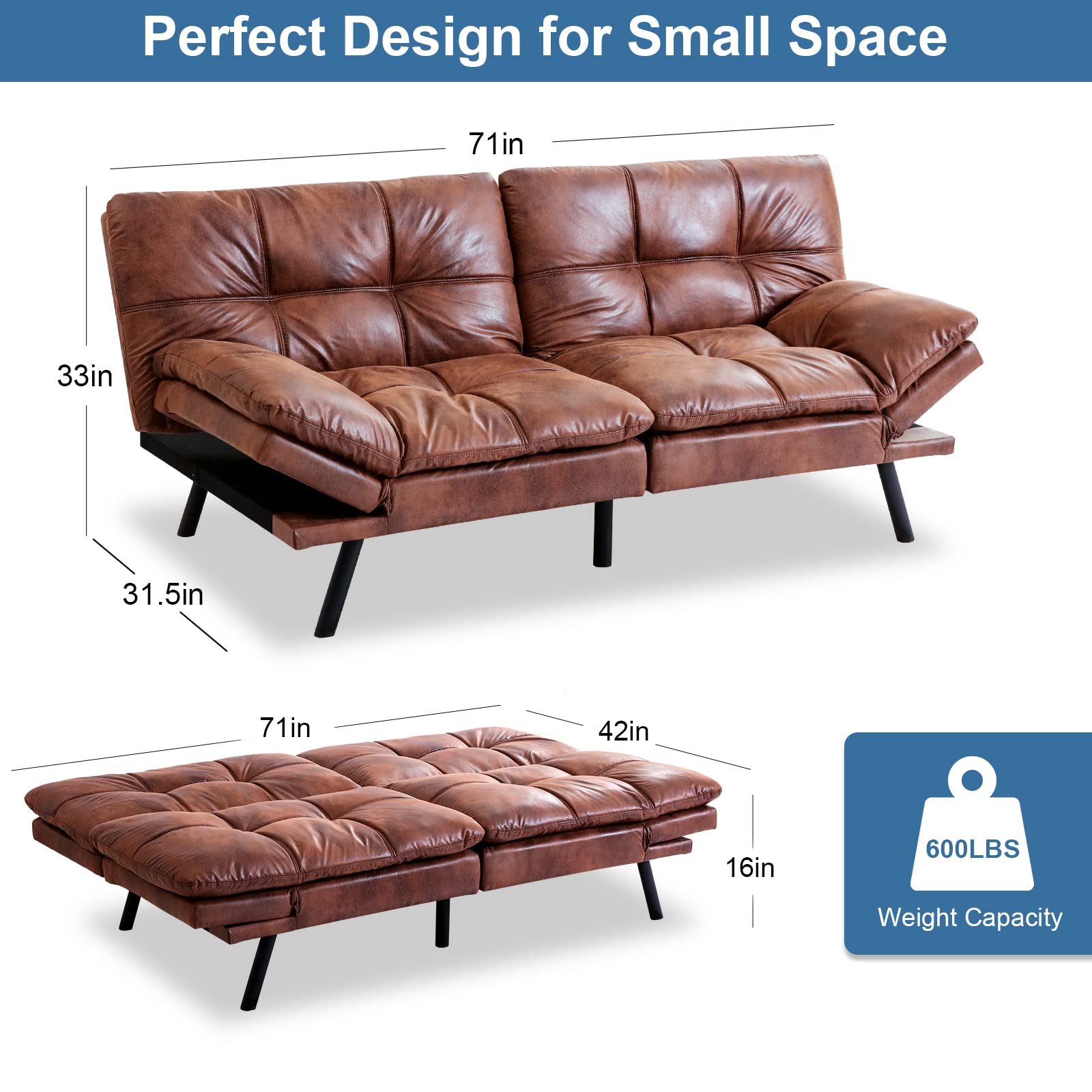 MUUEGM Convertible Futon Sofa Bed with Memory Foam - Modern Sleeper Loveseat Couch for Small Spaces - Easy Assembly Black Futon for Apartments, Living Rooms & Guest Rooms - Perfect for Studio, Dorm & Office Napping