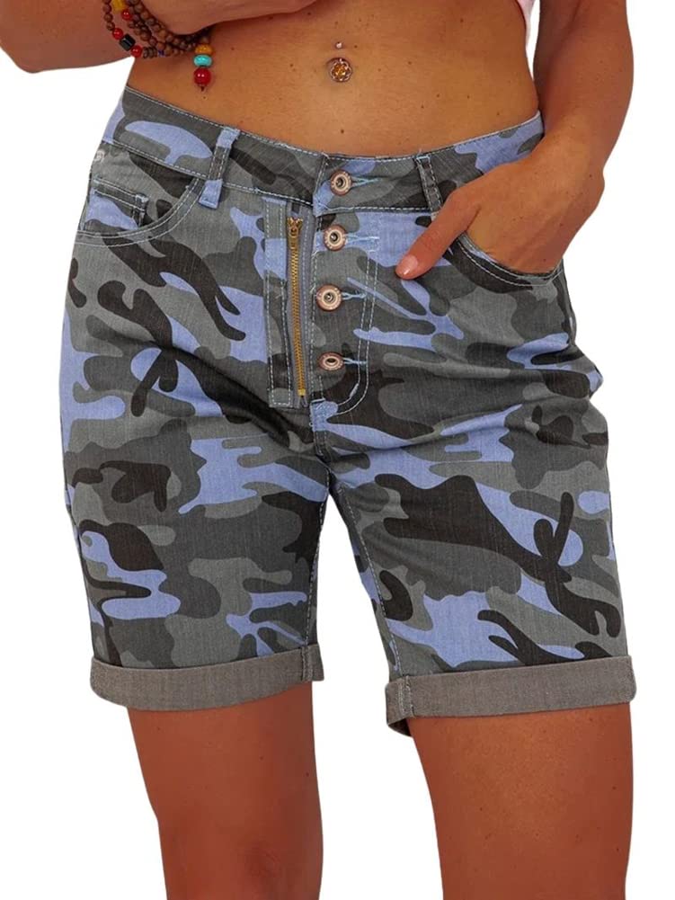 Women's Camo Print Cargo Denim Shorts - 5 Pocket Straight Leg Rolled Hem Jean Shorts for Casual Wear, Outdoor Adventures & Summer Fashion