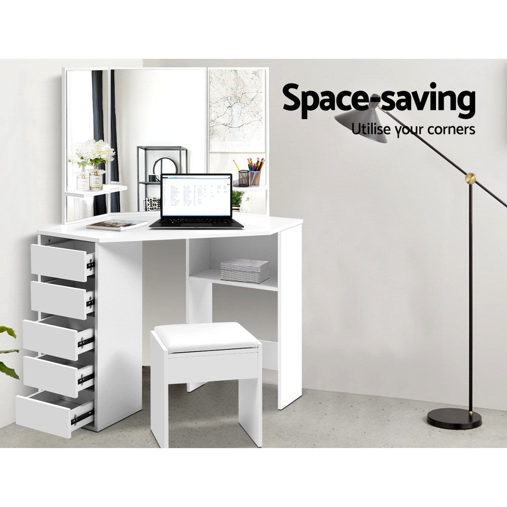 White Corner Dressing Table with Mirror & Stool Set - Vanity Makeup Desk with Adjustable Mirror and Matching Chair for Bedroom, Bathroom, or Dressing Room
