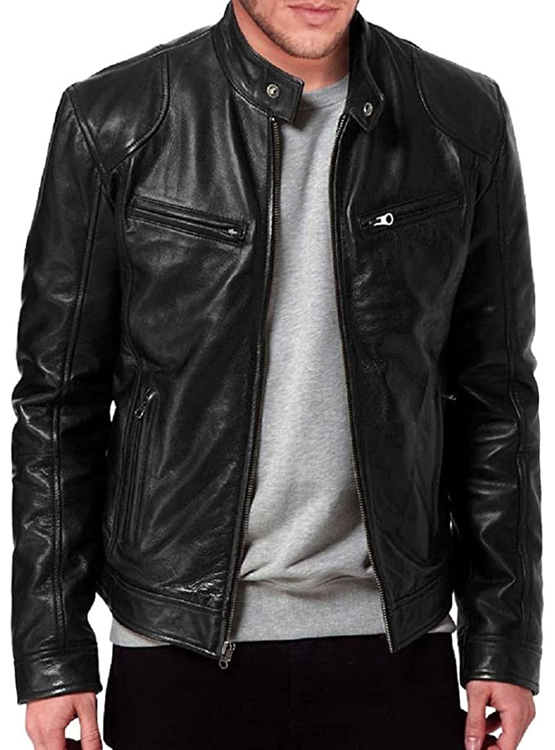 Men's Genuine Leather Biker Jacket - Stylish Casual & Smart Winter Coat for Motorcycle Riding, Outdoor Adventures & Everyday Wear