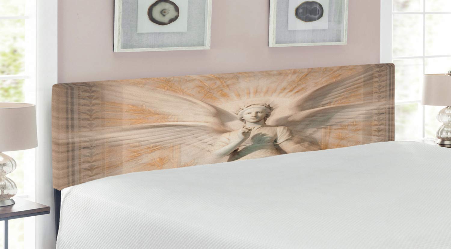 Ambesonne Retro Upholstered Headboard - Vintage Medieval Angel Woman Mythical Design, King Size Metal Bed Headboard with Memory Foam in Yellow & White | Perfect for Gothic, Renaissance or Fantasy Themed Bedrooms