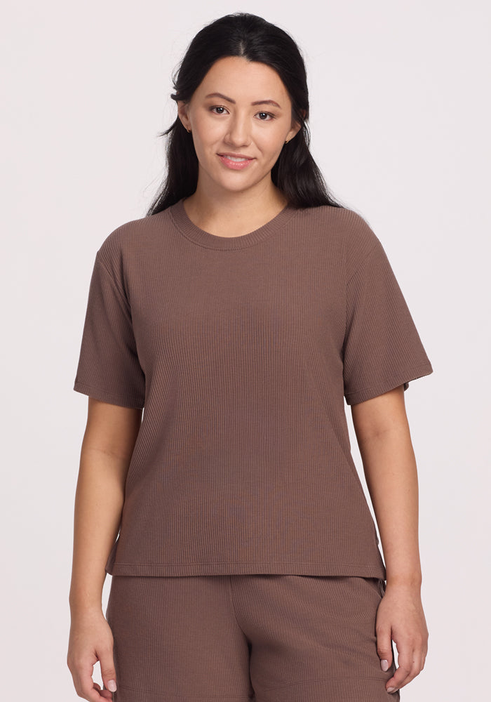Delia Women's Ribbed Short Sleeve T-Shirt in Toasted Almond - Soft Stretch Casual Top for Everyday Wear, Outfits & Layering