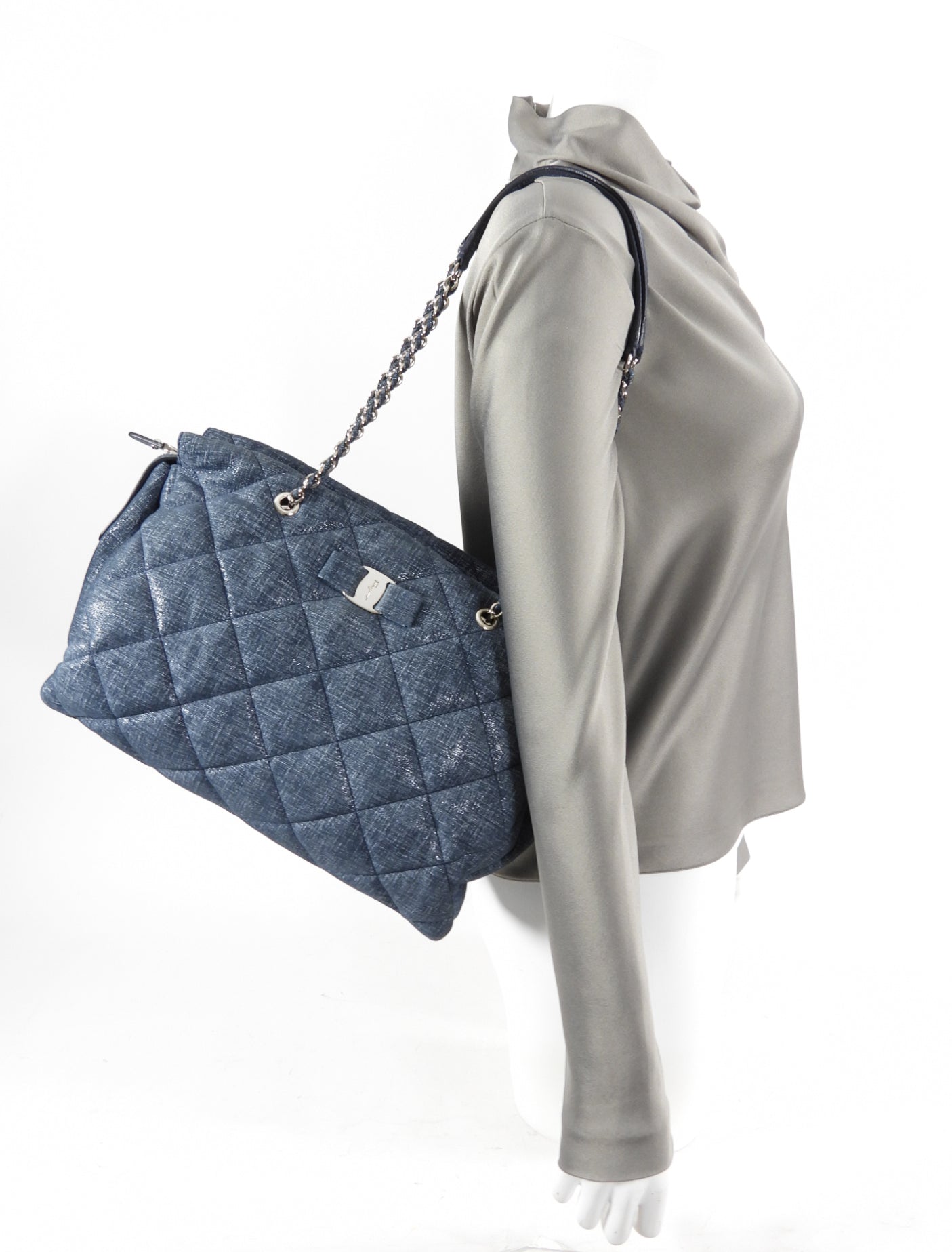 Ferragamo Blue Quilted Large Ginette Shoulder Bag for Women | Luxury Designer Handbag | Perfect for Work, Travel & Evening Events