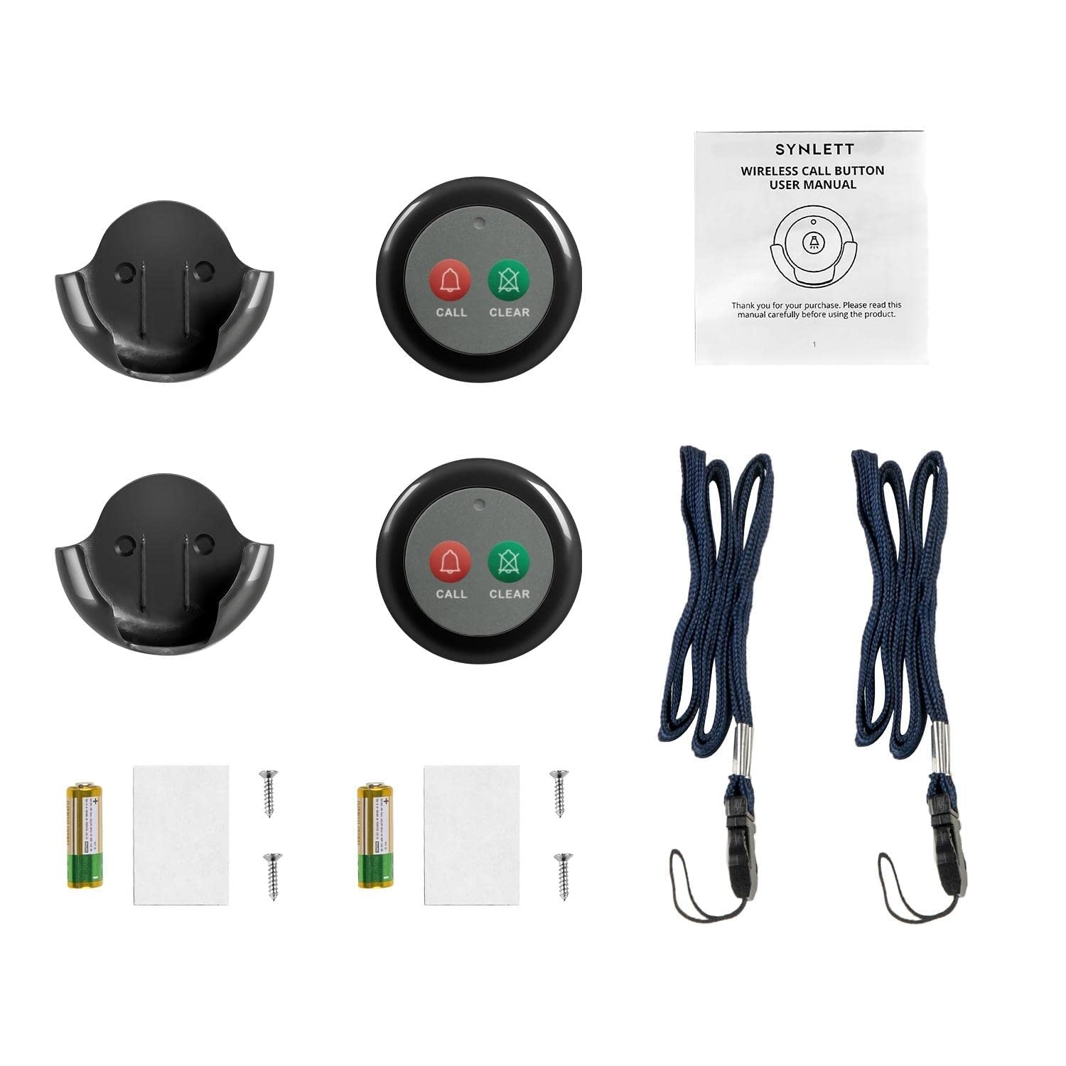 Dual Function Wireless Call Buttons - 2 Pack Black Caregiver Pager for Nursing Homes, Clinics & Restaurants | Portable Wireless Call System with Clear Alert | Ideal for Elderly Care, Patient Assistance & Food Service Staff