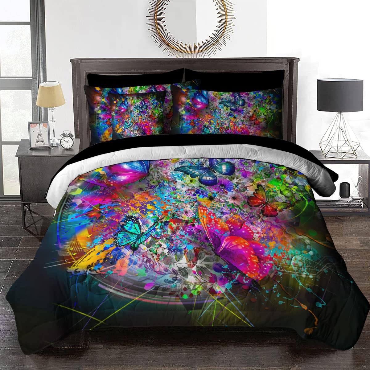 BlessLiving Colorful Butterflies Comforter Set - 8 Piece Hippie Abstract Butterfly Bed in a Bag Twin Size with Comforter, Sheets, Pillowcases, Shams & Cushion Cover - Perfect for Bohemian Bedroom Decor, Teen Girls Room, Dorm Room & Guest Bedding