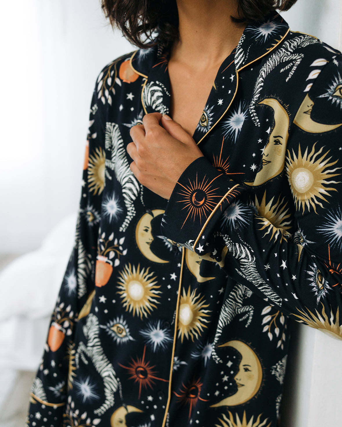 Celestial Zebra Print Button Up Nightshirt for Women - Navy Blue Sleepwear for Lounge & Bedtime Comfort