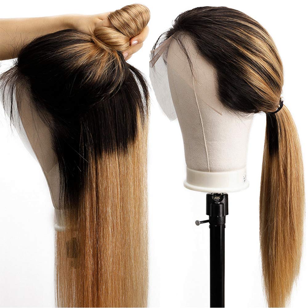Ombre Lace Front Human Hair Wigs Blonde Strawberry 13x4 Frontal Lace Wigs - 14 Inch 150% Density Pre Plucked with Baby Hair, #613 Straight Lace Front Wig for Women with Dark Roots | Perfect for Daily Wear, Cosplay, and Special Occasions