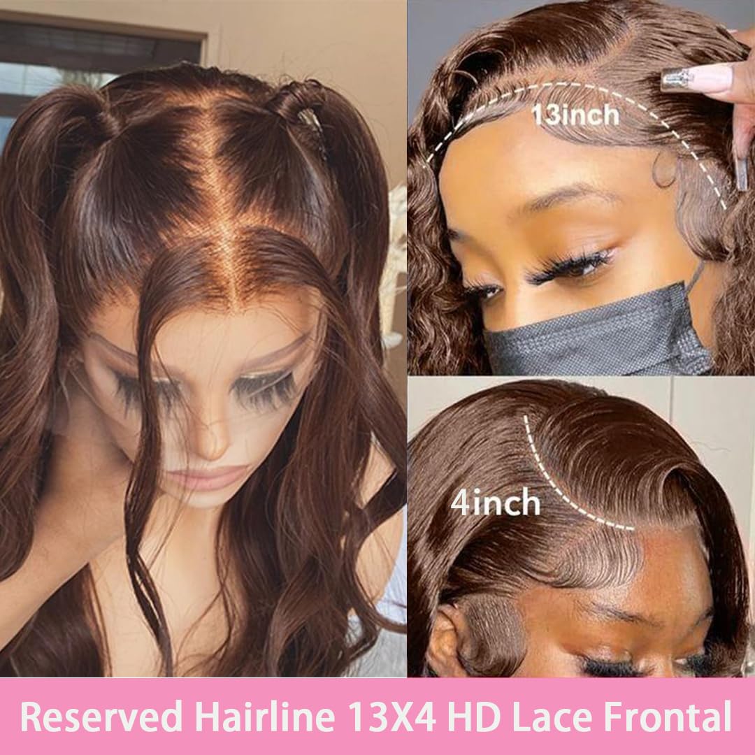 Chocolate Brown 13x4 Lace Front Wig Human Hair - 180% Density Body Wave Glueless Wig with Pre Plucked Hairline & Baby Hair - 34 Inch Long for Women | Perfect for Daily Wear, Parties, Cosplay & Special Occasions