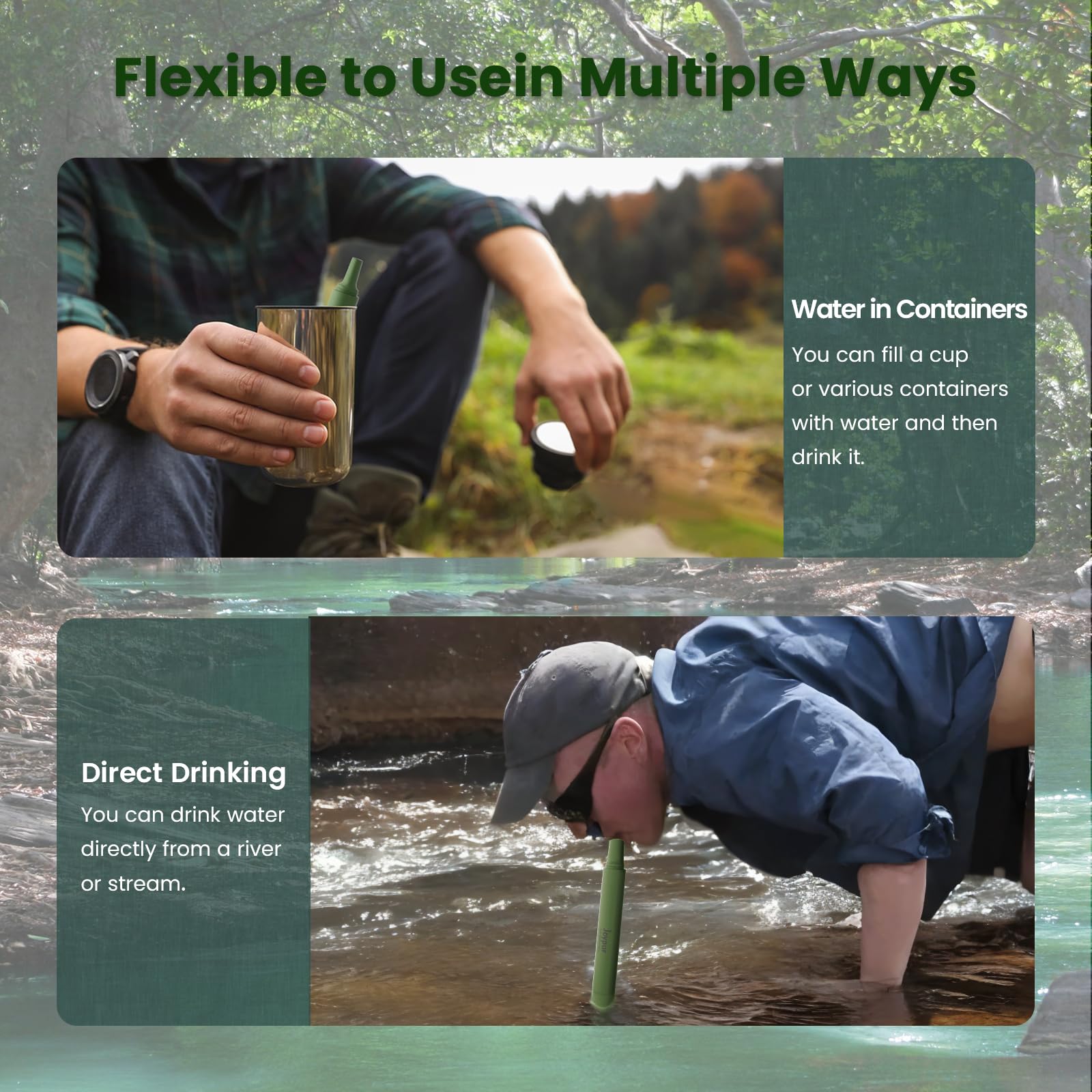 Portable Water Purification Straws for Camping, Hiking, Travel & Emergency - 2 Pack (Green + Black) | Essential Outdoor Gear for Clean Drinking Water on Adventures