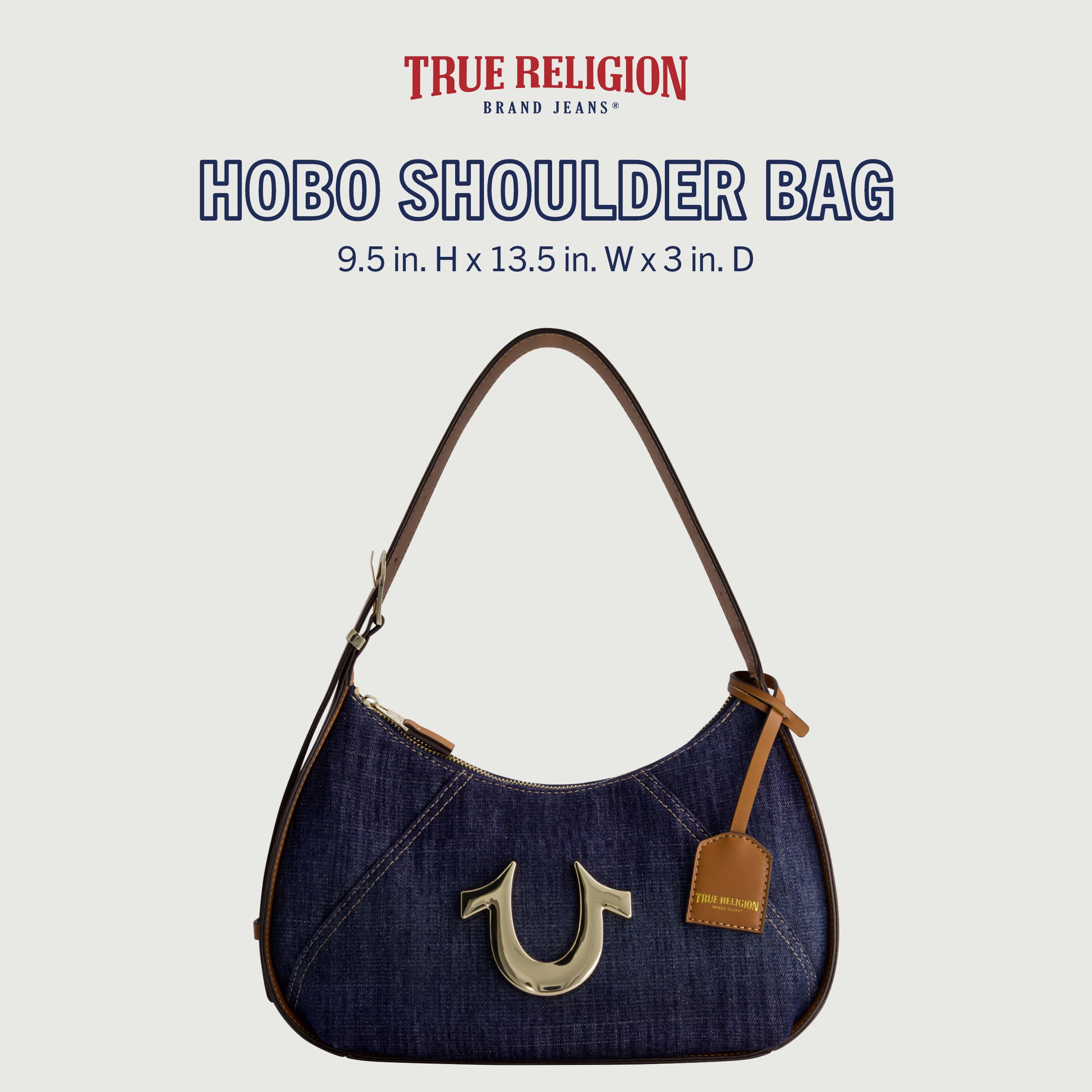 True Religion Women's Denim Hobo Shoulder Bag with Adjustable Strap & Horseshoe Logo - Stylish Crossbody Purse for Everyday Use, Shopping, and Travel