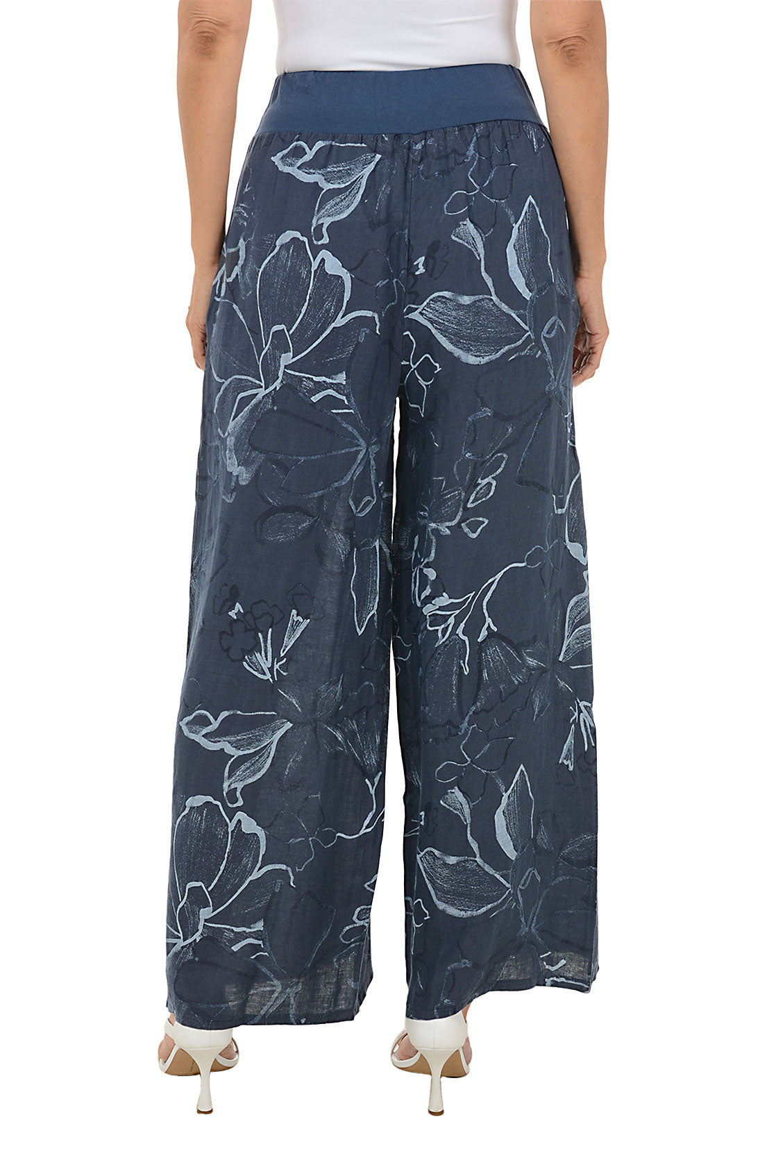 Navy Blue Floral Print Linen Palazzo Pants for Women - Comfortable Wide Leg Trousers for Summer, Beach, and Casual Wear