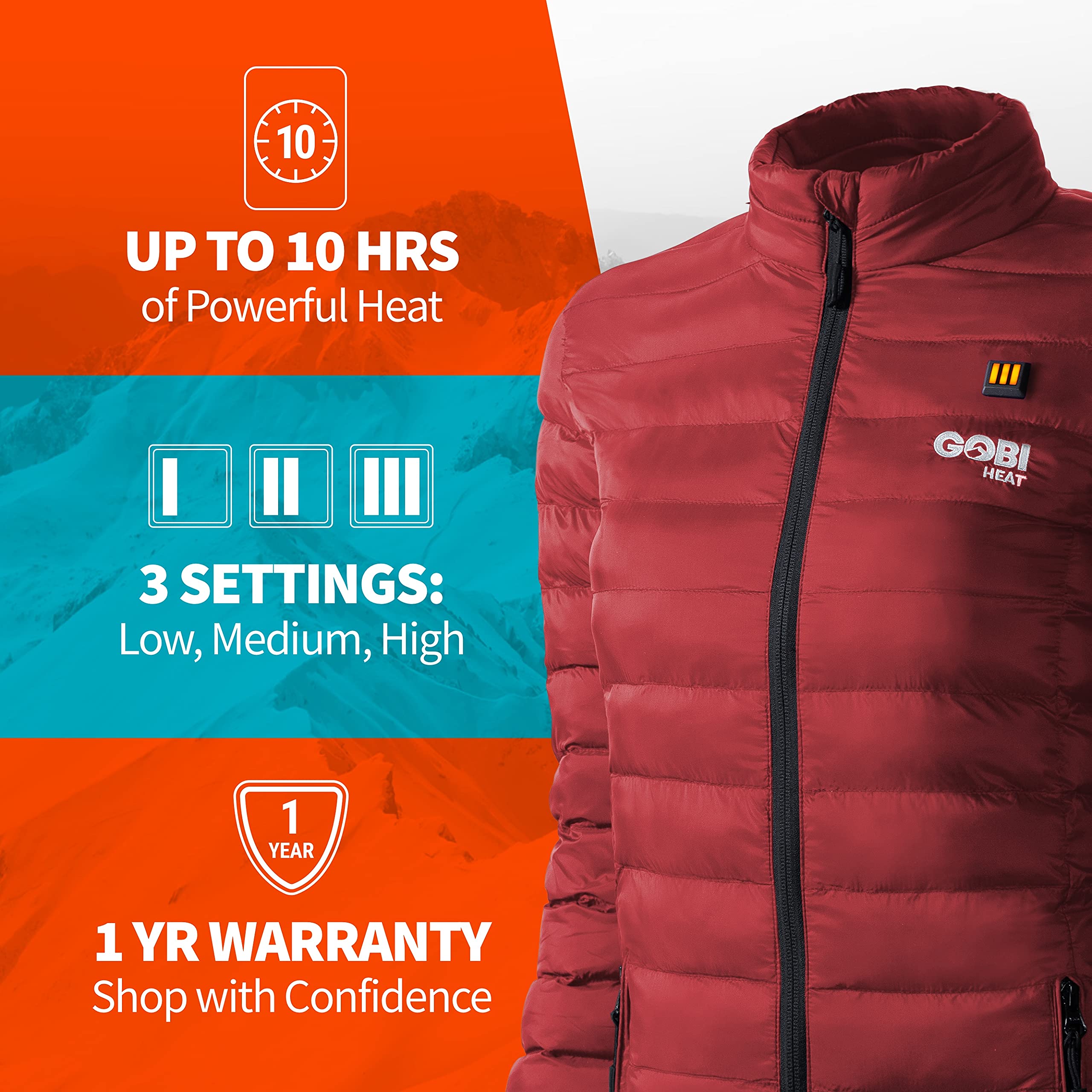 Wolf Women's Puffer Heated Jacket with 9-Hour Heating | Rechargeable Battery & Charger Included | Winter Outdoor Activities, Skiing, Hiking & Cold Weather Wear