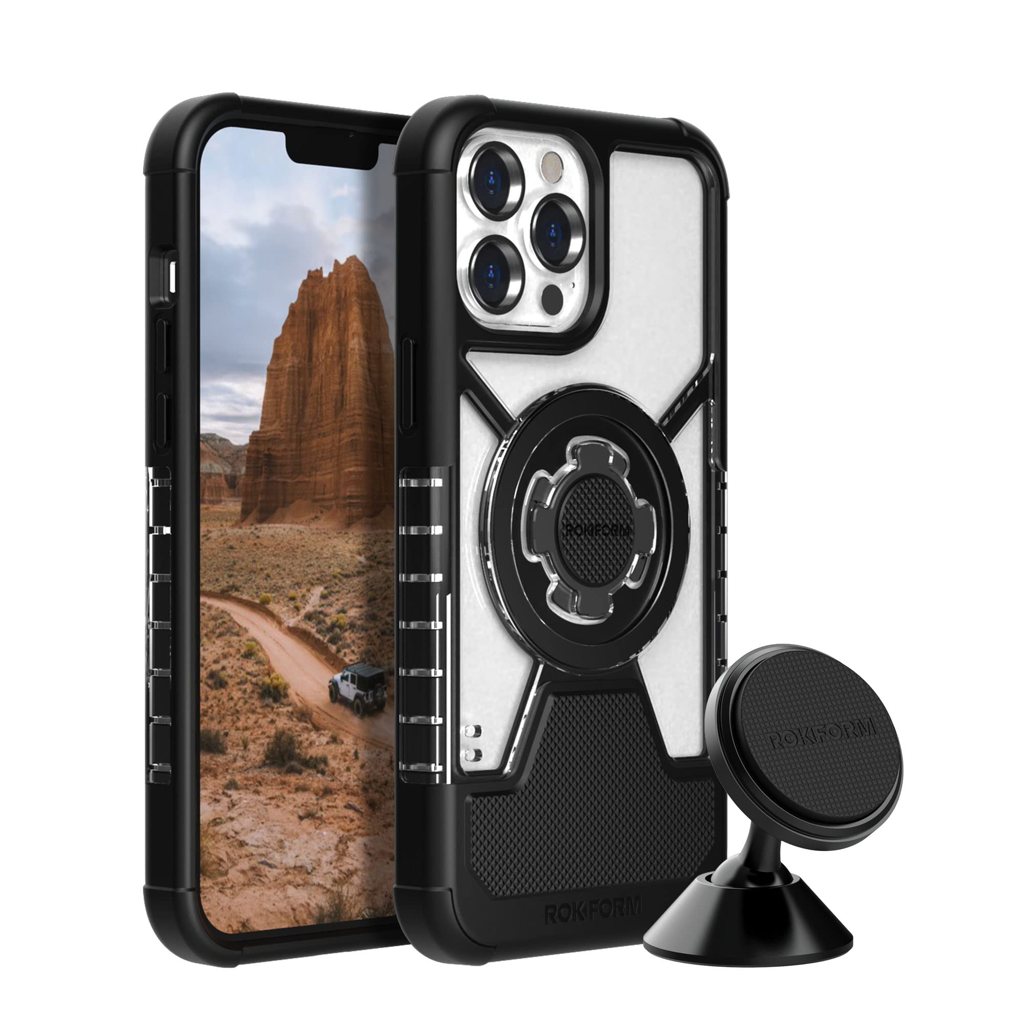 Rokform Crystal Case for iPhone 13 Pro Max with 360° Swivel Car Phone Mount - Durable Protective Cover & Secure Dashboard Holder for Truck, Van, SUV - Perfect for Commuting, Road Trips & GPS Navigation