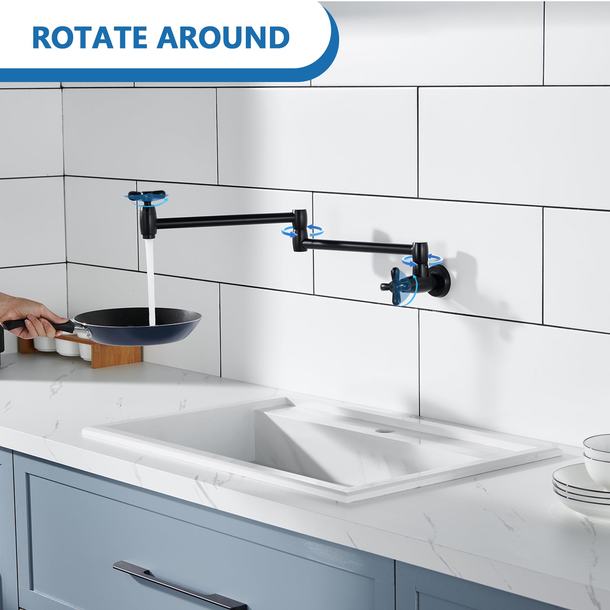 Matte Black Wall Mount Pot Filler Faucet - Brass Swing Arm with Double Joint & Extendable Design - Single Hole Installation - 2 Cross Handles for Kitchen & Stove - Perfect for Filling Large Pots While Cooking (Model P82MB)