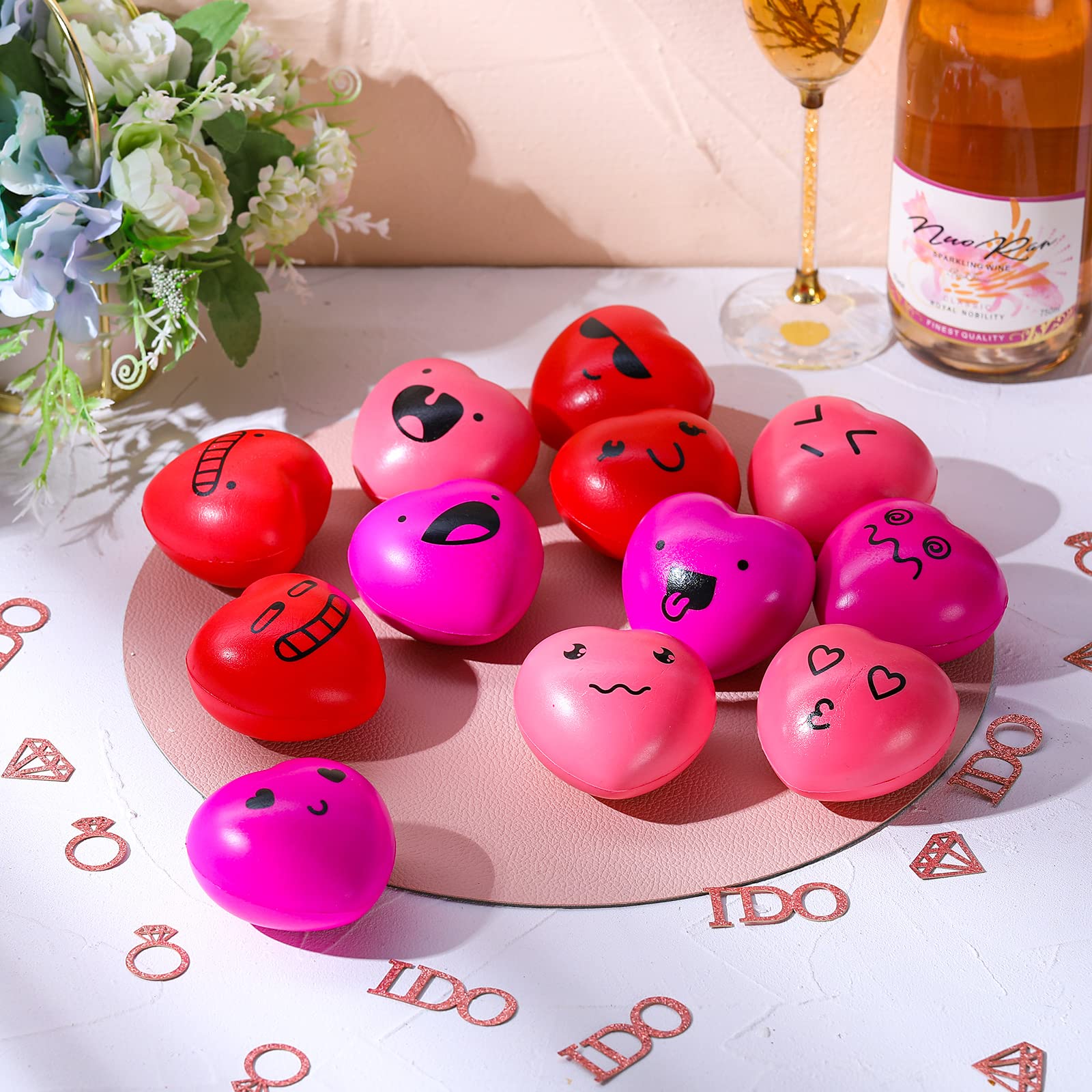 Gejo 12-Pack Heart Stress Balls - 3 Inch Valentine's Day Stress Relief Foam Balls with Smile Faces in Red, Rose Red & Pink - Perfect for Office, Classroom & Party Favors
