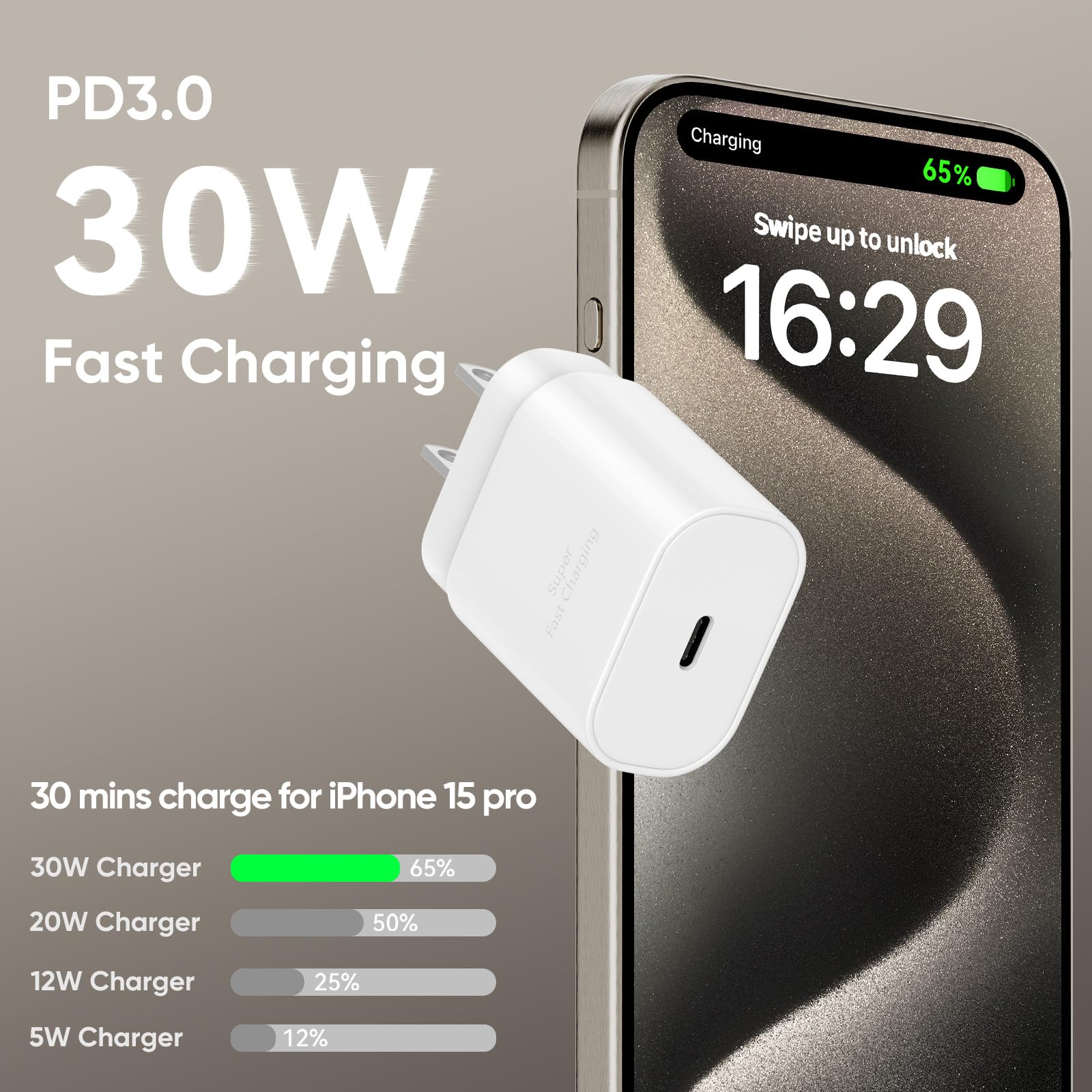**30W USB C Fast Charger Block with 10FT Long Cable - Compatible with iPhone 16/15 Pro Max, iPad, Galaxy, Pixel - Fast Charging for Home, Office & Travel (White)**
