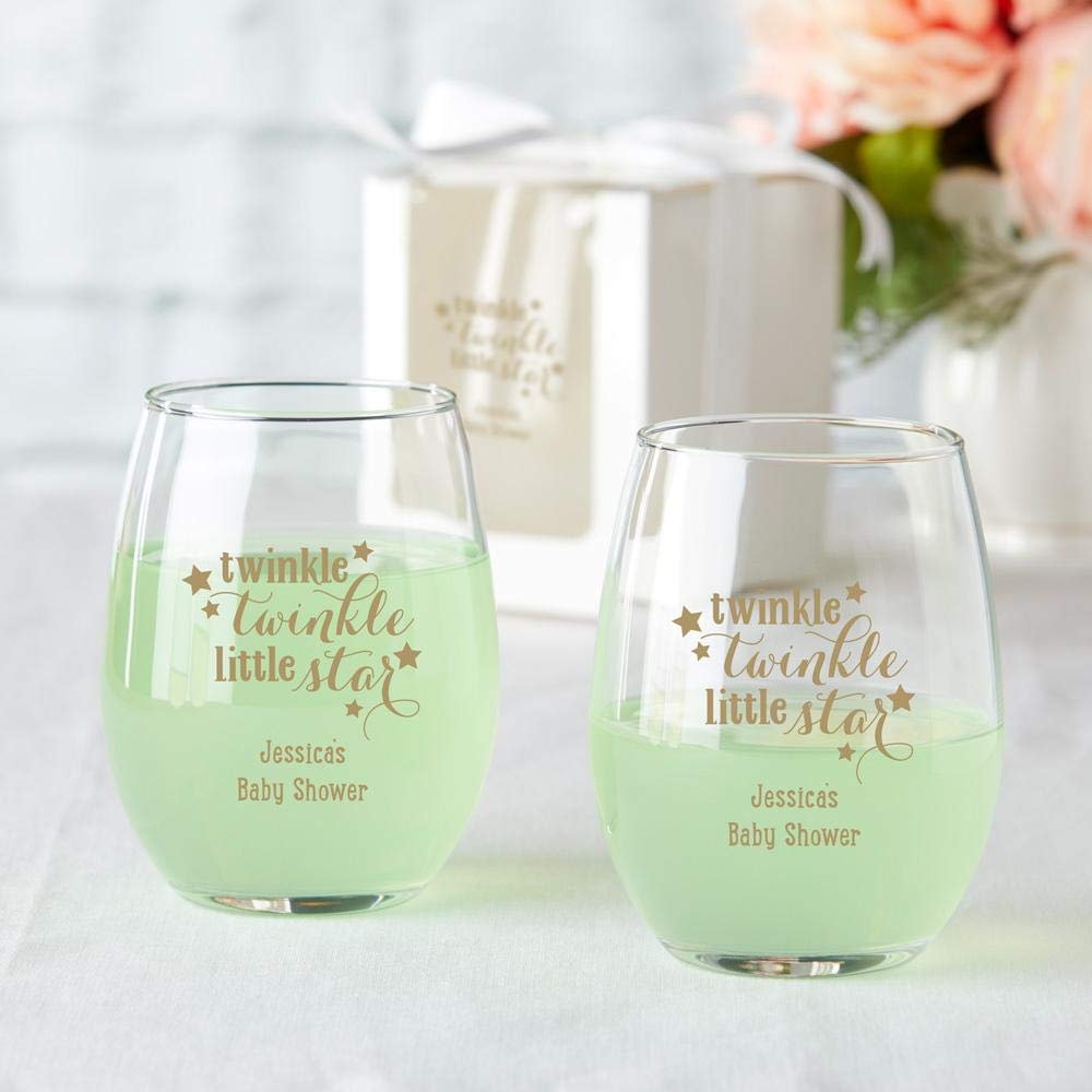 Kate Aspen Personalized 9 oz. Stemless Wine Glass Set of 48 - Light Blue Custom Text Drinking Glasses for Baby Shower Party Favors, Wedding Decor & DIY Crafts - Perfect for Celebrations, Gifts & Home Entertaining