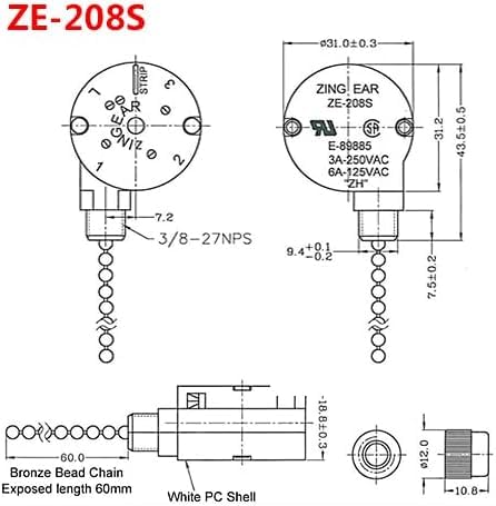 **Zing Ear ZE-208s E89885 3-Speed 4-Wire Ceiling Fan Pull Chain Switch Replacement - Black Chain with Pre-Installed Wires for Fan & Light Control - Perfect for Home, Office, or Workshop**