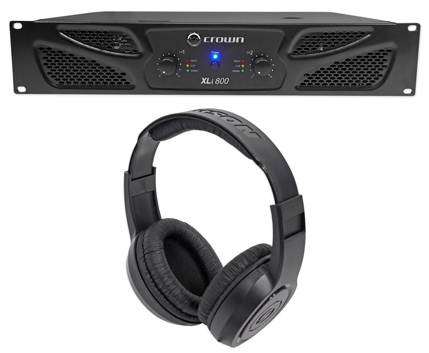 Crown Pro XLi800 600W 2-Channel DJ/PA Power Amplifier Professional Audio Amp with Samson SR350 Studio Headphones – Perfect for Live Performances, DJ Gigs & Home Recording Studios