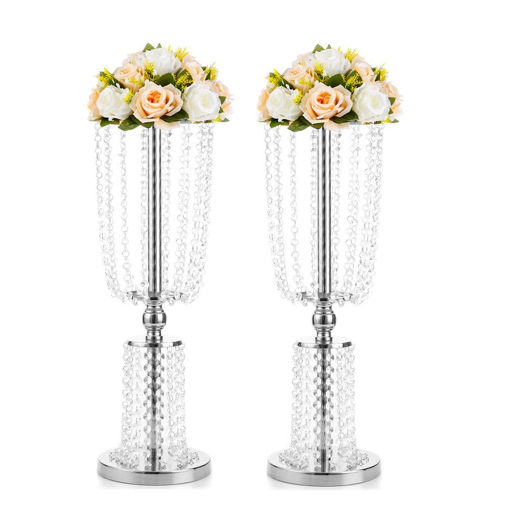 2 Pack 23.75 Inch Tall Crystal Metal Vase - Elegant Flower Stand Holder for Wedding Centerpieces, Reception Table Decor & Chandelier Decorations - Perfect for Weddings, Home Decor, and Event Styling