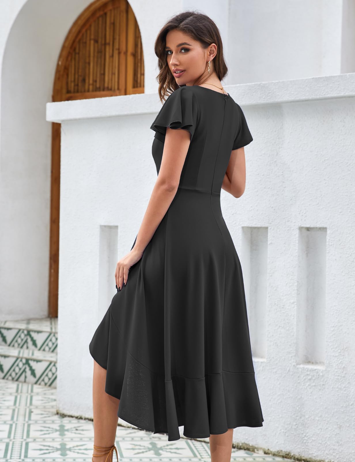 Elegant V-Neck Ruffle Sleeve Formal Dress for Women | Wedding Guest, Evening Party & Cocktail Graduation Dress | 2025 Trendy Women's Fashion for Special Occasions