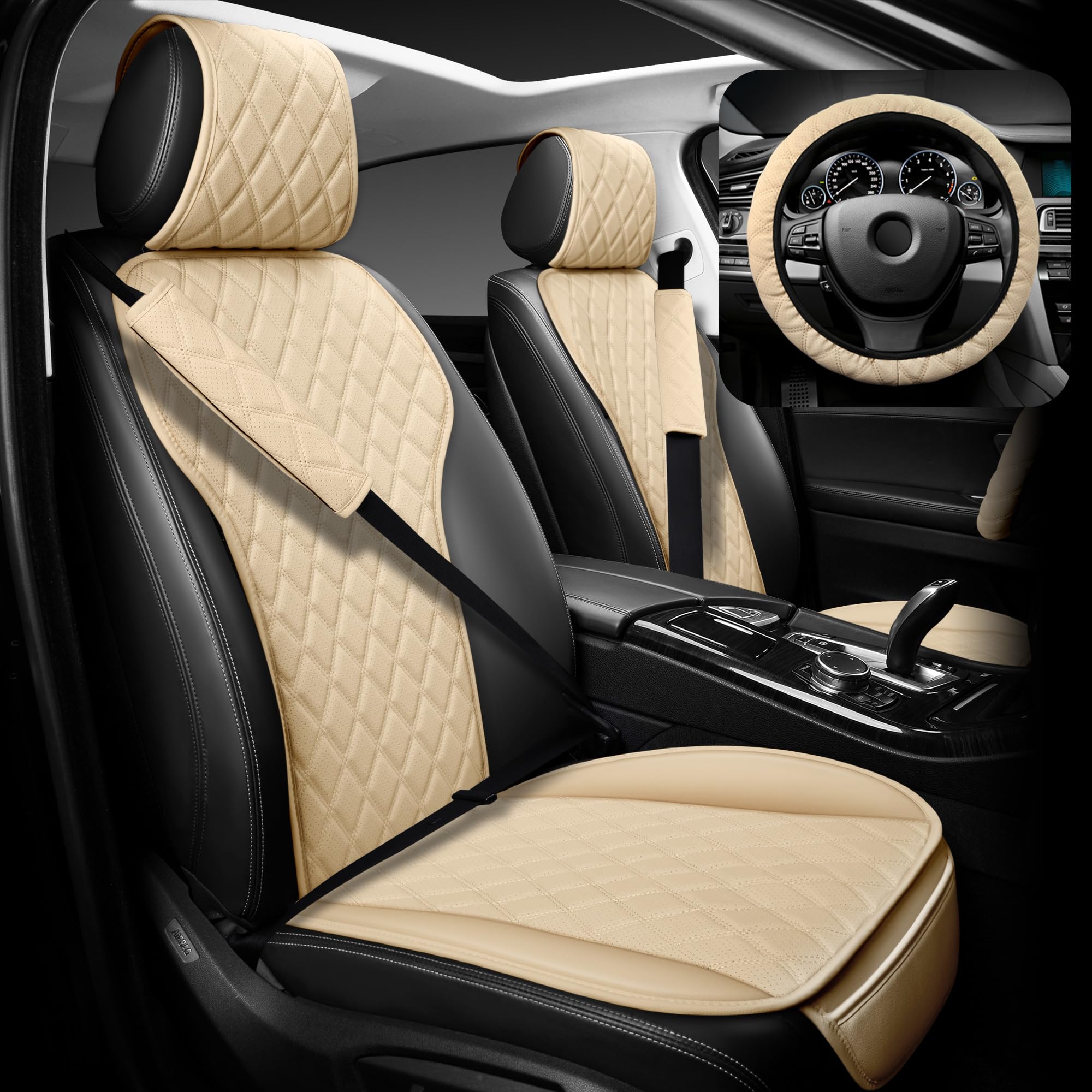 2PCS Premium Leather Front Car Seat Covers Set with Steering Wheel Cover & Seat Belt Pads - Universal Fit for 95% Vehicles, Waterproof & Anti-Slip (Beige) - Perfect for Daily Commute, Road Trips & Car Protection