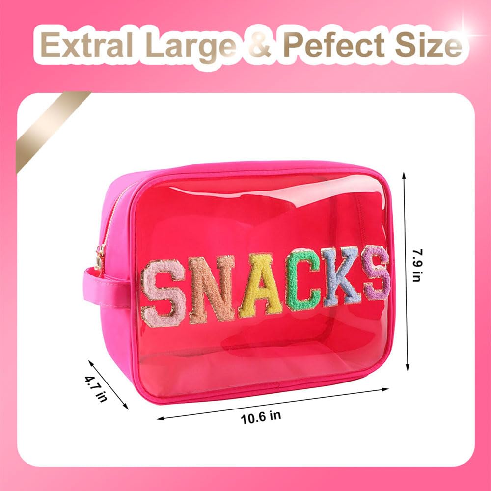 Large Clear Glitter Snack Bags - Reusable TPU & Nylon Snack Pouches for Travel, School & Work - Preppy Transparent Food Storage Bags for Women & Kids (Hot Pink) - Perfect for Lunch, Snacks, Candy & On-the-Go Organization