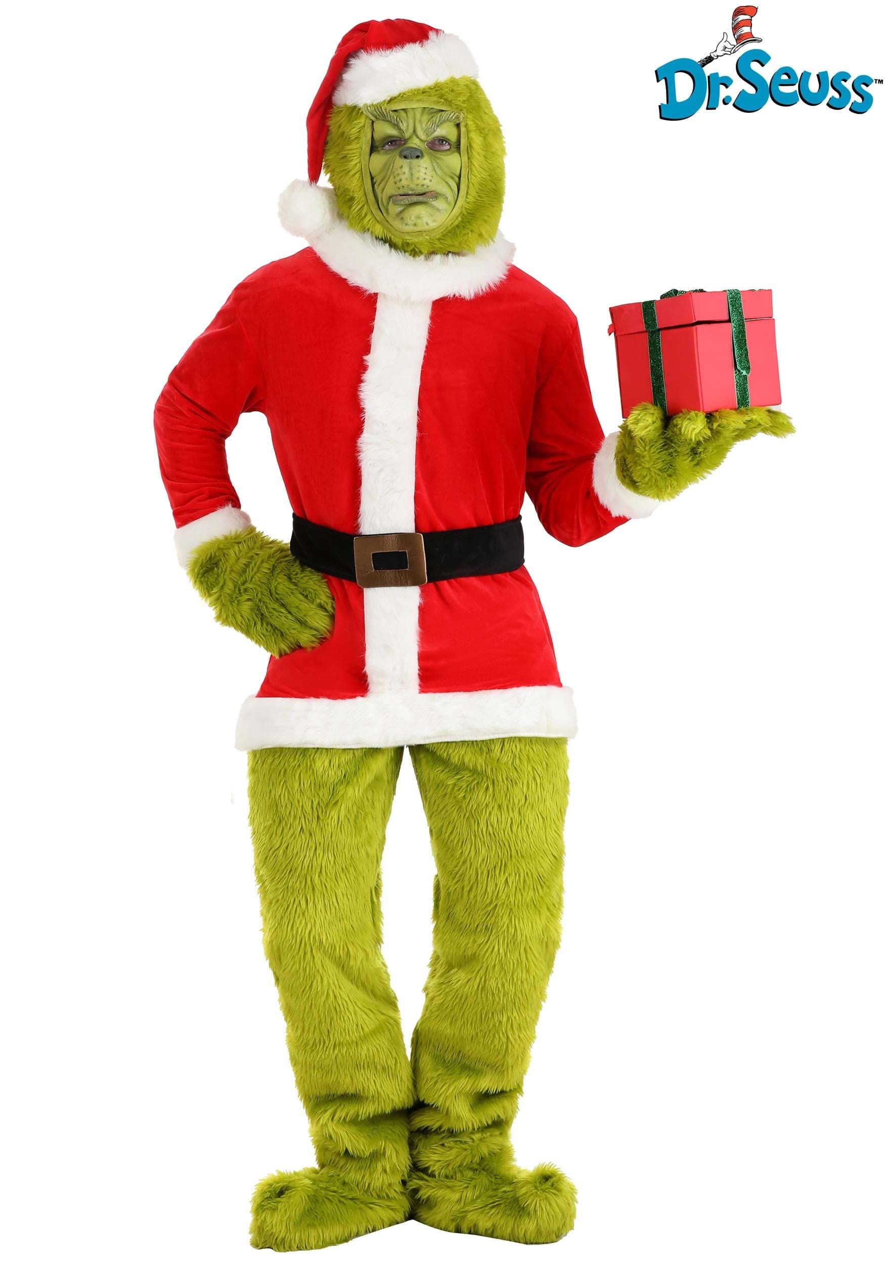 The Grinch Adult Santa Open Face Costume Set - Faux Fur Shirt, Pants, Hat & Gloves for Christmas Party & Holiday Cosplay