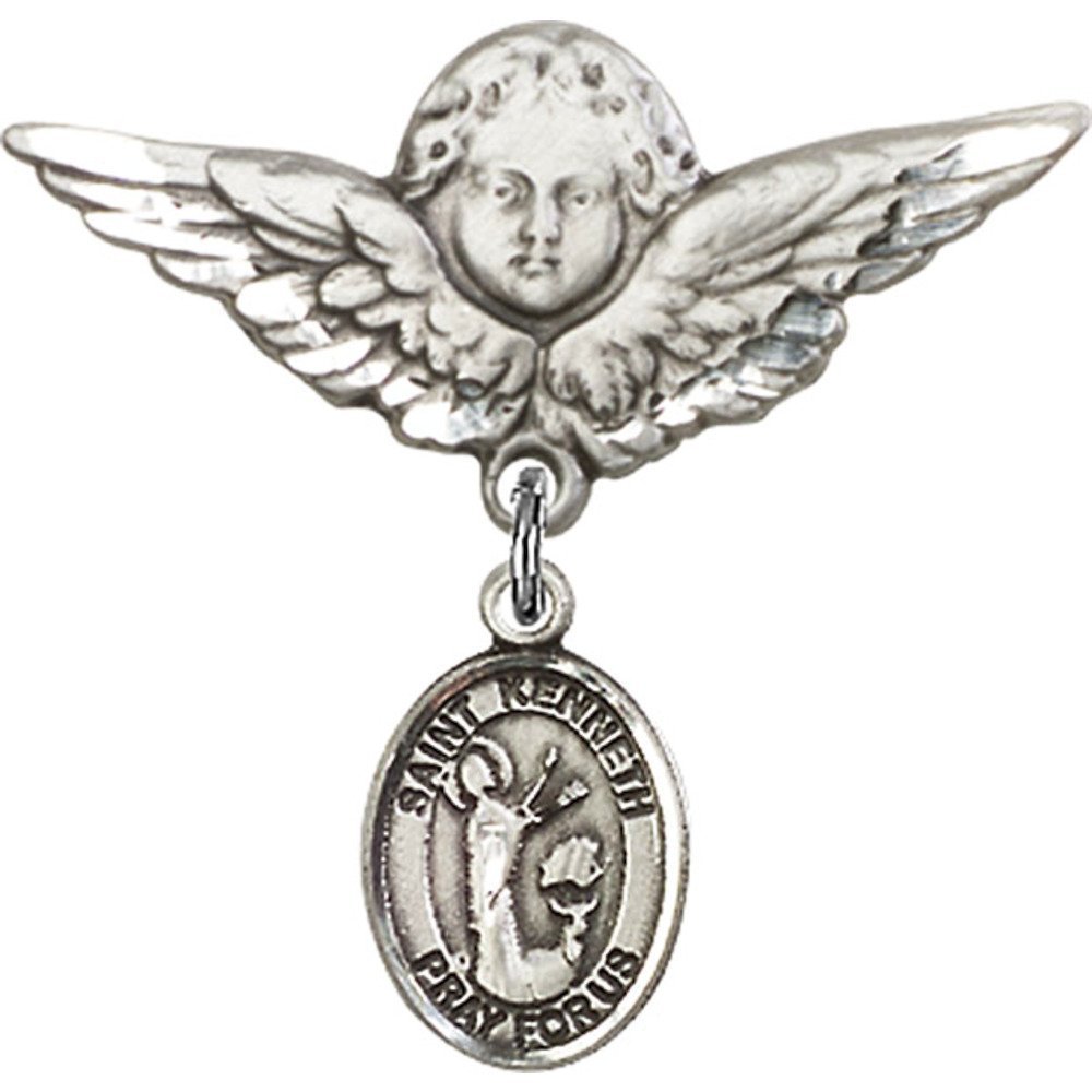 Sterling Silver Baby Badge with St. Kenneth Charm & Angel Wing Pin - 1 1/8