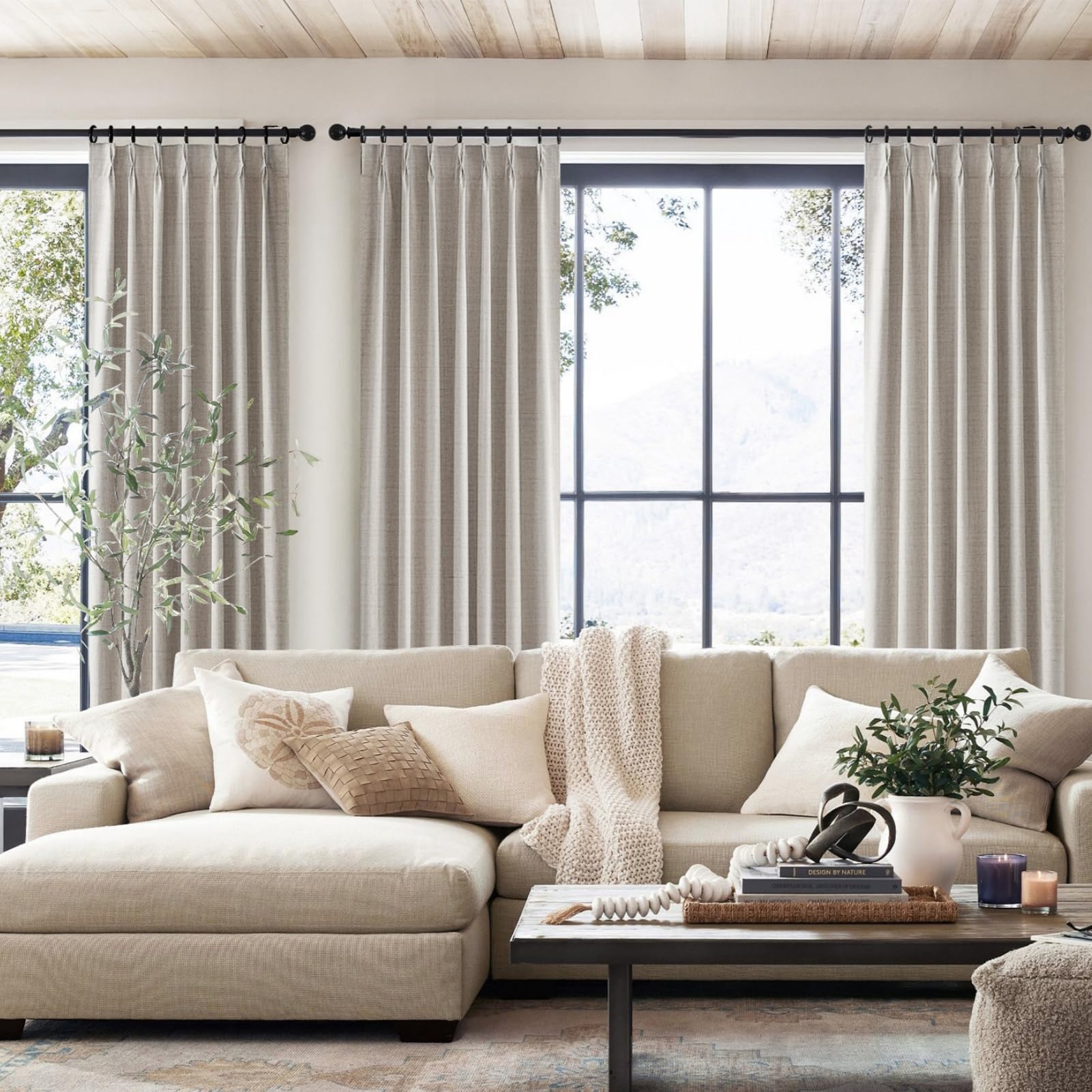 Premium 120 Inch Blackout Linen Curtains for Bedroom - Ceiling Mount Pinch Pleated Drapes with Back Tab, Thermal Insulated Sliding Door Panels for Patio, Farmhouse & Large Windows (Set of 2) - Perfect for Light Control & Privacy in Living Room, Nursery or Home Office