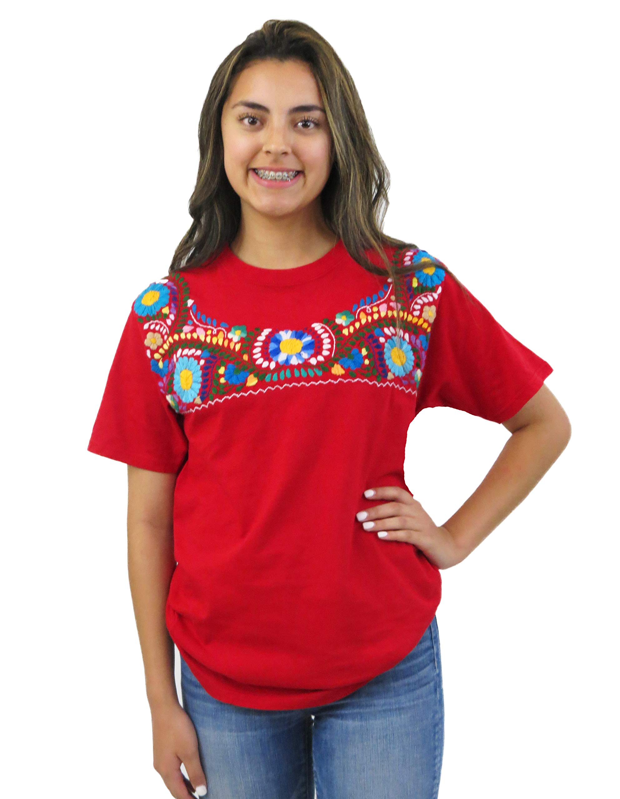 Hand Embroidered Mexican Blouse Style T-Shirt - Boho Chic Floral Embroidered Cotton Top for Women | Perfect for Festivals, Vacations & Casual Wear
