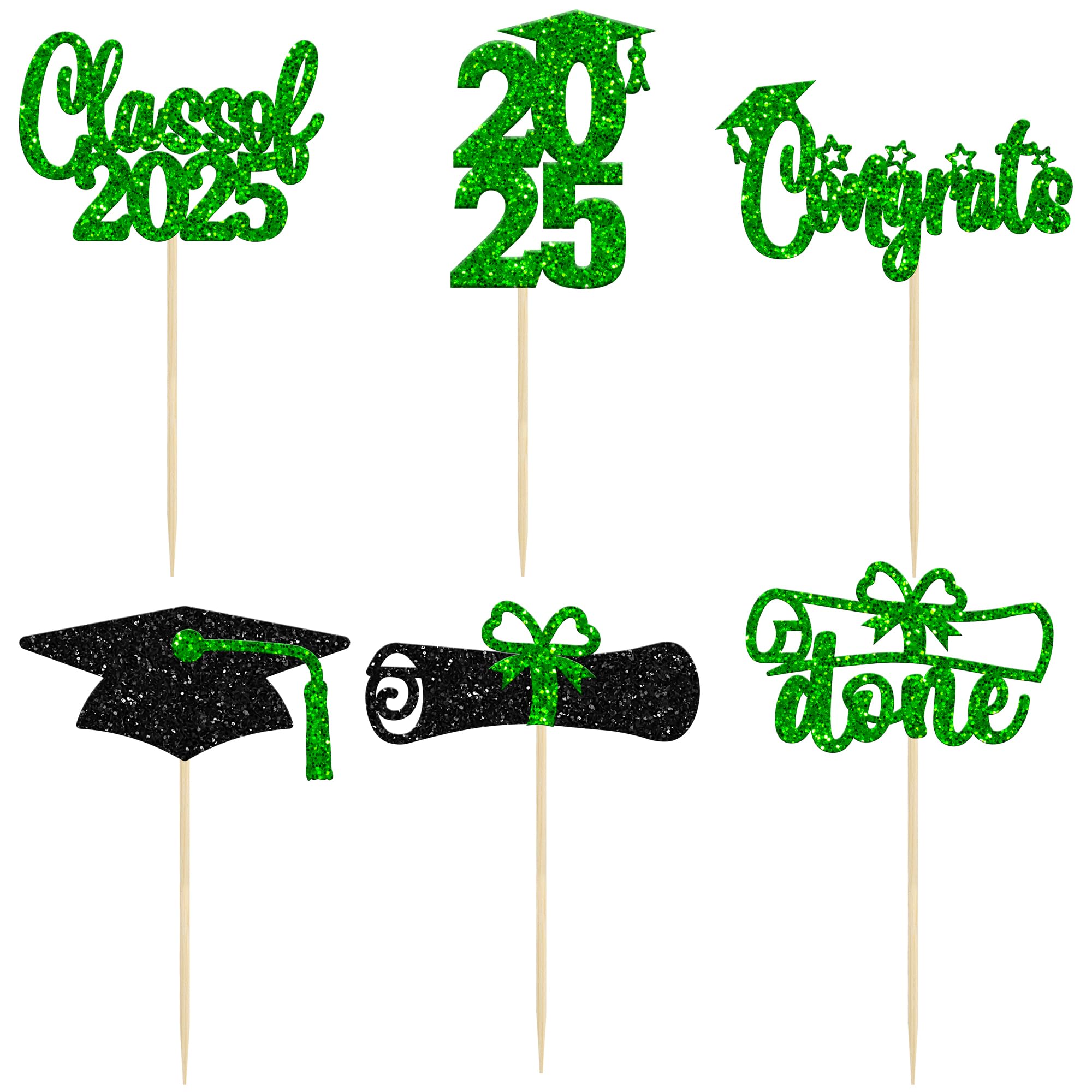 24 Pack Class of 2025 Graduation Cupcake Toppers - Glitter Congrats Grad Cap & Diploma Cake Decorations - Green Graduation Party Supplies for 2025 Theme Celebrations, School Parties & Commencement Cakes