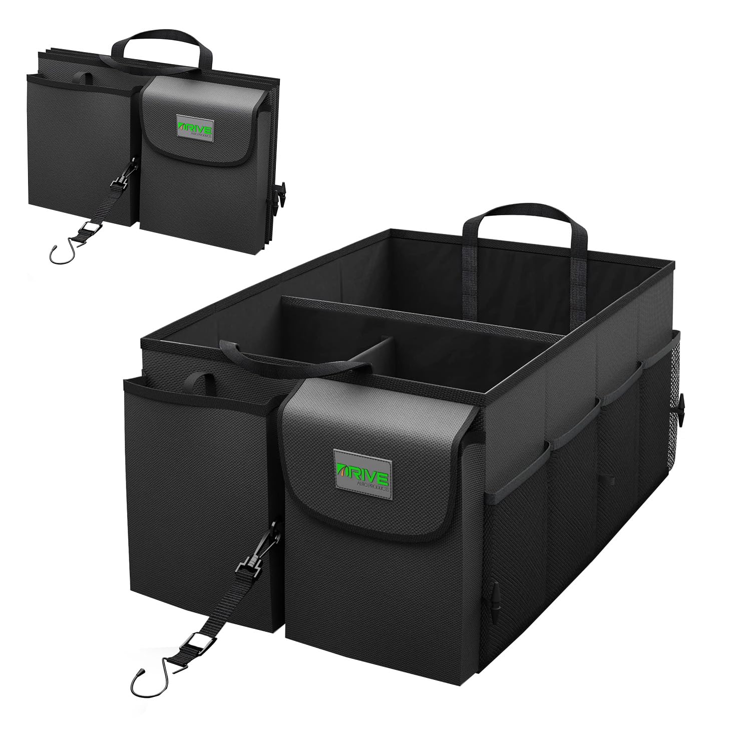 Collapsible Car Trunk Organizer with Adjustable Straps - Multi-Compartment SUV & Truck Storage Organizer - Durable Auto Accessories for Men & Women (Black) - Perfect for Road Trips, Grocery Shopping & Travel Gear Organization