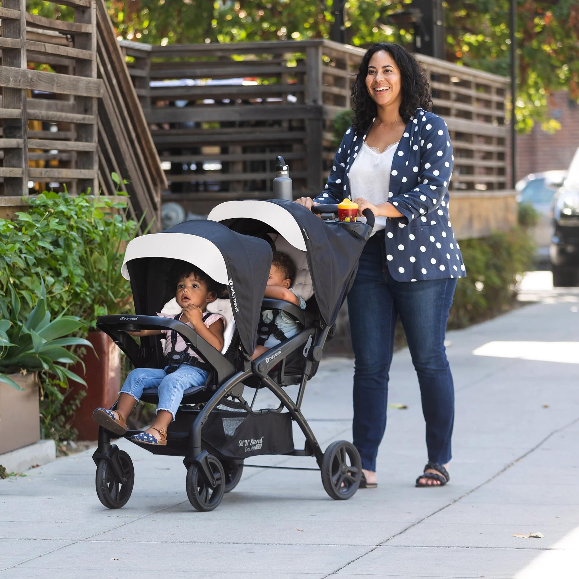 Baby Trend Sit N' Stand Tandem Double Stroller 2.0 DLX - 5-Point Safety Harness, Adjustable Canopy, Large Storage Basket & Cup Holders - Modern Khaki - Perfect for Twins, Siblings or Infant & Toddler Duo - Ideal for Shopping, Travel & Daily Walks