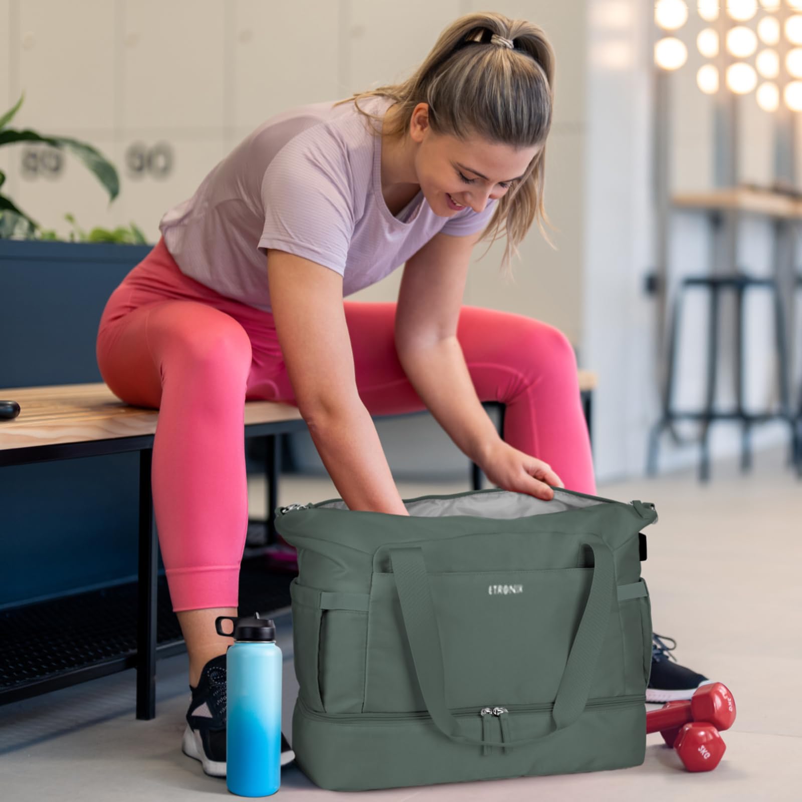ETRONIK Women's Gym Bag with USB Charging Port - Waterproof Wet Pocket & Shoe Compartment - Durable Travel Duffel & Weekender Overnight Bag for Yoga, Fitness, Workout & Sports - Perfect for Gym, Travel & Weekend Getaways (Dark Green)