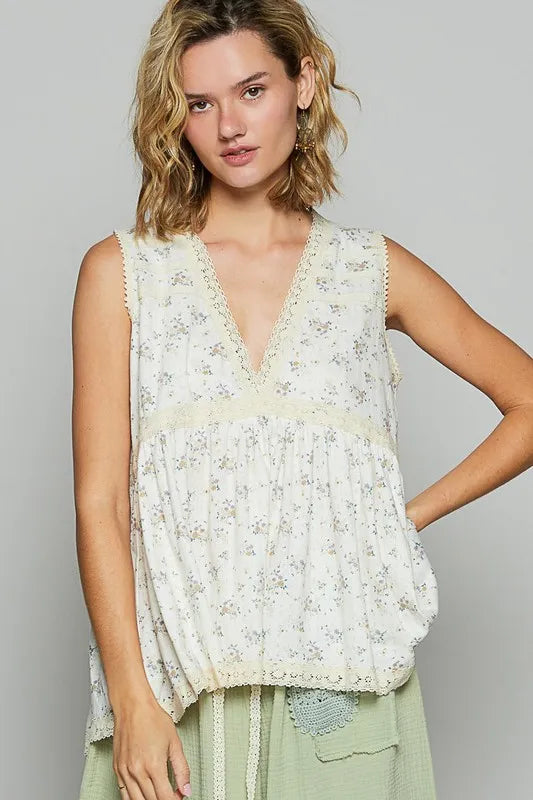 Boho Floral Lace V-Neck Sleeveless Top for Women - Beachy Summer Blouse with Natural Lace Details | Perfect for Vacations, Music Festivals & Boho Chic Outfits