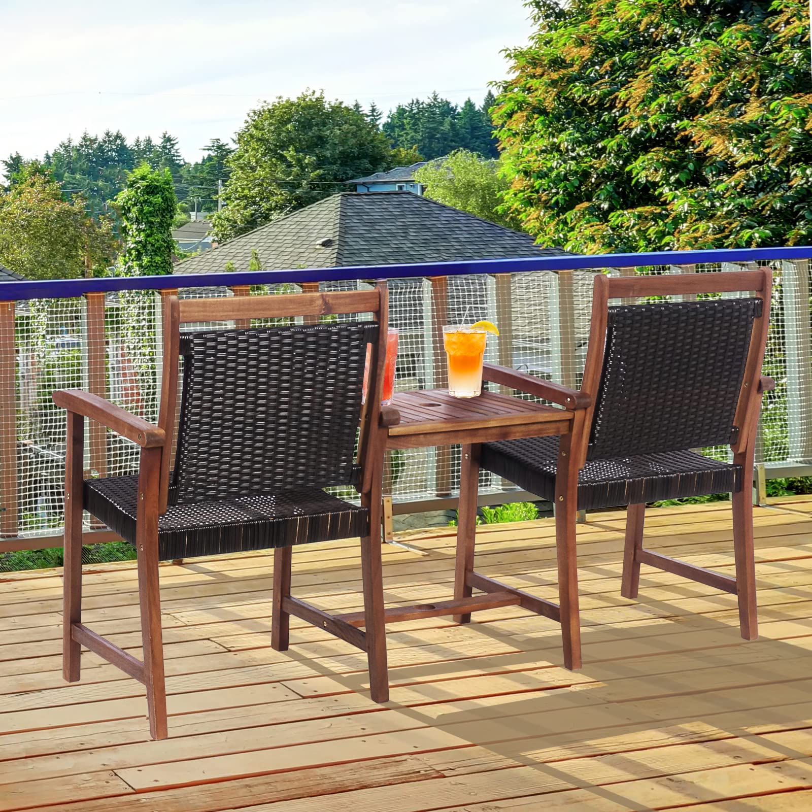 **Tangkula Acacia Wood Garden Bench Set - 2-Seater Patio Loveseat with Rattan Design, Coffee Table & Parasol Hole - Outdoor Conversation Furniture for Backyard, Poolside, Balcony, Deck (Brown) | Perfect for Relaxing, Entertaining & Enjoying Nature**