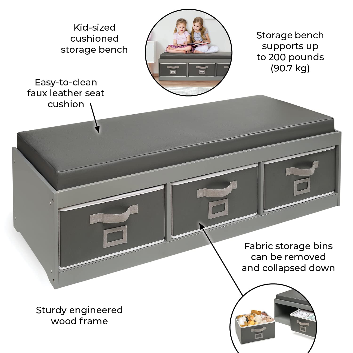 Badger Basket Kid's Padded Toy Storage Bench with Removable Cushion & 3 Fabric Bins - Gray | Organize Toys, Books & Kids Room Decor | Perfect for Playrooms, Bedrooms & Daycare Centers