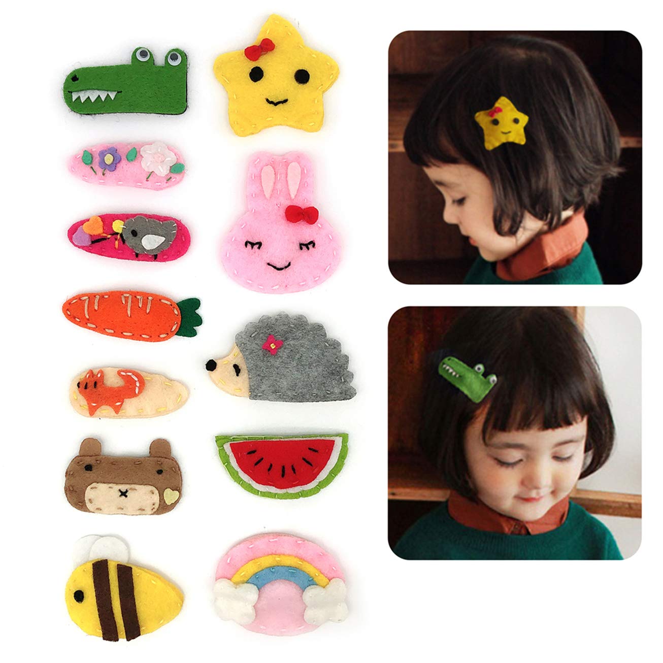 Elesa Miracle 12-Piece Baby Girl Hair Clips Set - Cute Animal Pattern Felt Snap Barrettes & Hair Bows for Toddlers & Kids - Perfect for School, Parties & Daily Outfits