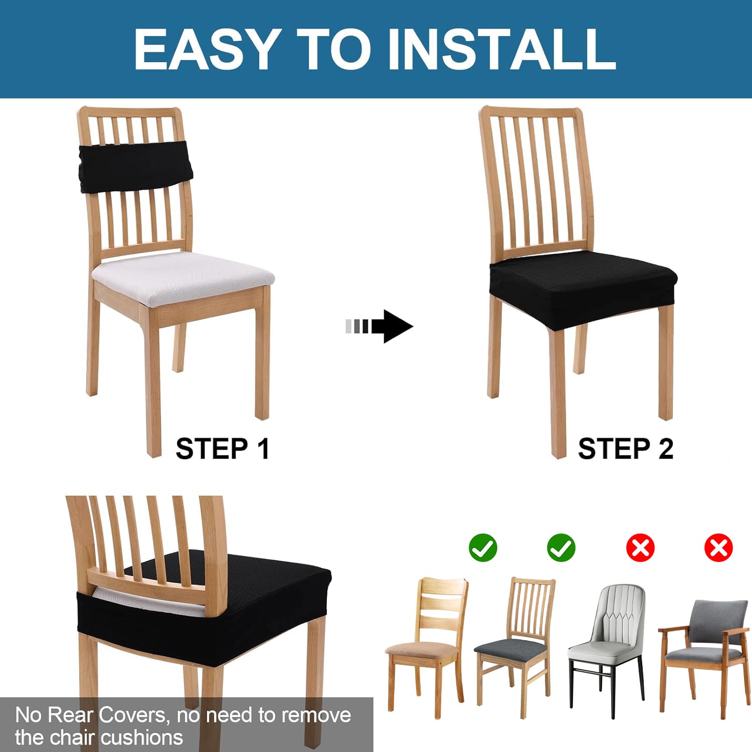Smiry Waterproof Dining Room Chair Covers Set of 6 - Stretch Jacquard Washable Seat Slipcovers Protector (Black) | Perfect for Family Gatherings, Restaurants & Home Decor