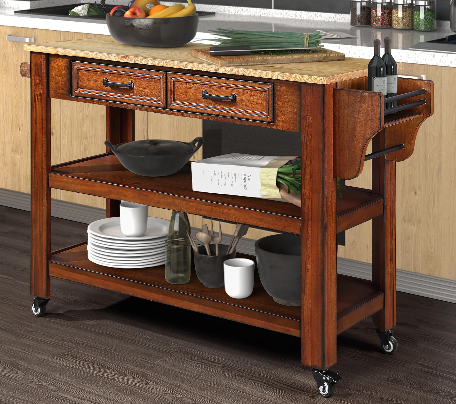 57 Inch Solid Oak Wood Kitchen Island Cart with 2 Drawers & Storage Shelves - Rolling Kitchen Cart with Wine Rack & Spice Organizer - Perfect for Small Kitchens, Dining Rooms & Home Bars (Walnut Finish)
