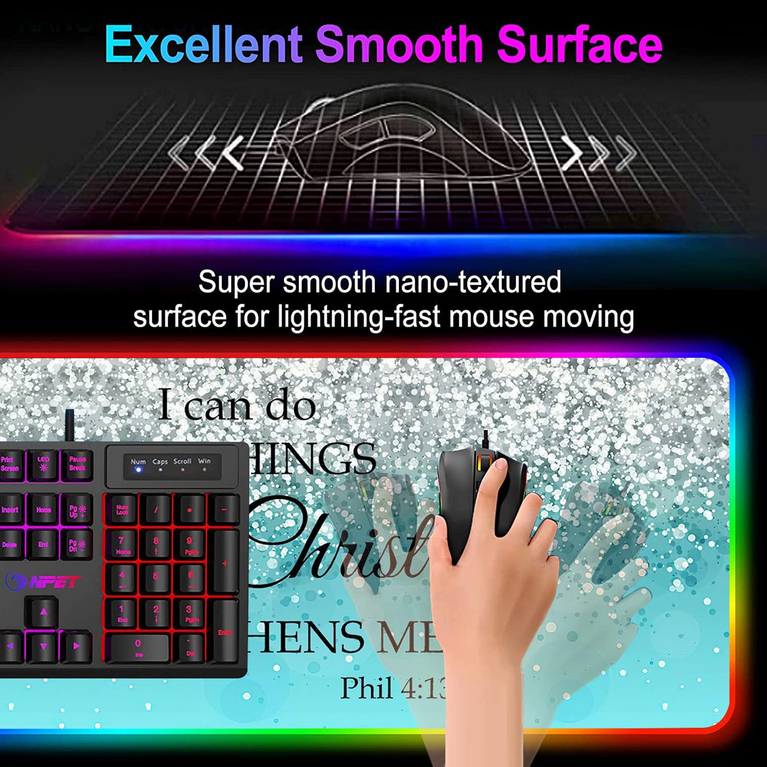 RGB Gaming Mouse Pad with LED Lights - Large Non-Slip Desk Mat for Keyboard & Mouse - Waterproof Optical Surface - Perfect for PC Gaming Setup & Office Work - Features Philippians 4:13 Bible Verse in Blue Glitter Design
