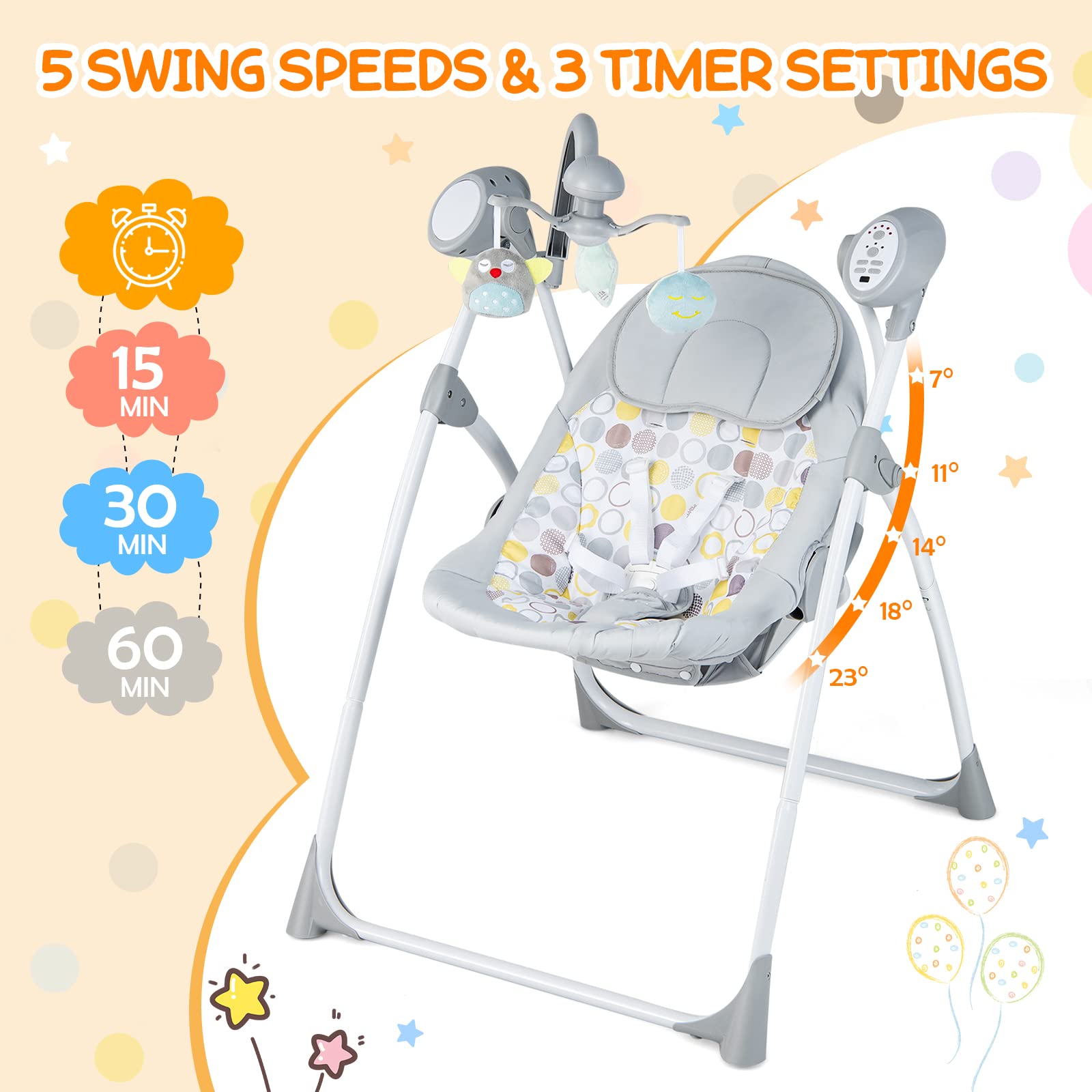 BABY JOY Baby Swing - Portable Electric Infant Rocker with 5 Speed Settings, 3-Position Recline, Timer & Soothing Sounds - Compact Nursery Swing for Newborns (Grey) | Perfect for Bedroom, Living Room & Travel