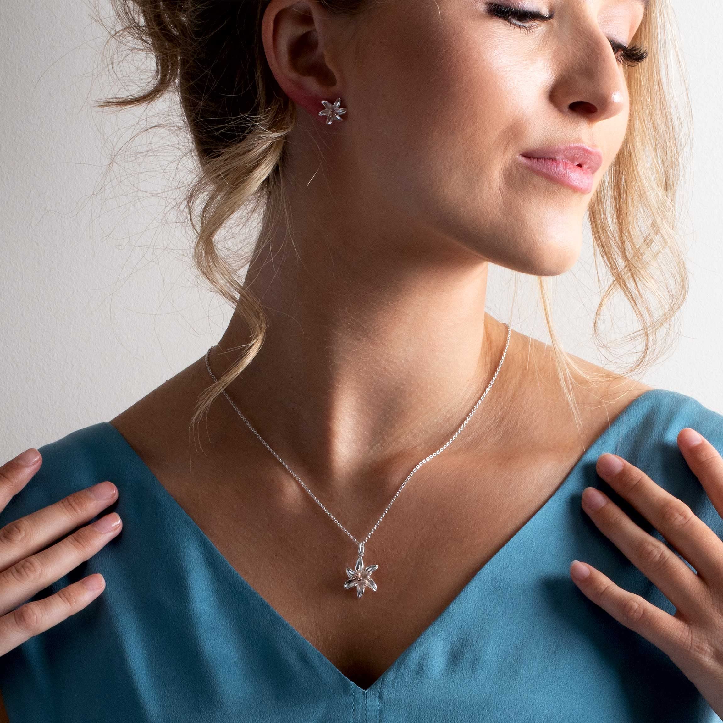 Sterling Silver & Rose Gold Plated Tiger Lily Pendant Necklace - 18