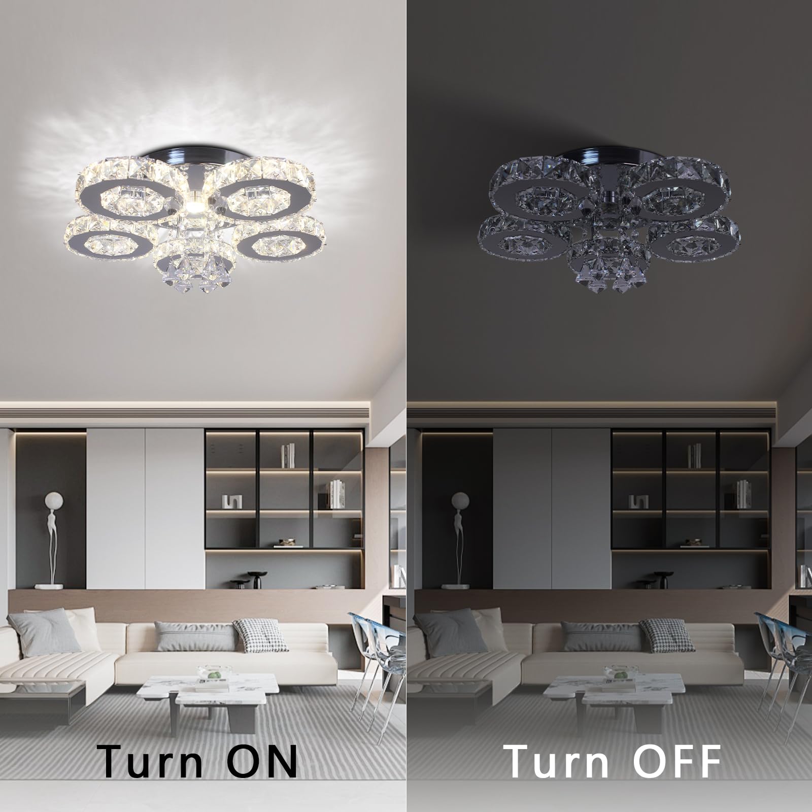 Dimmable LED Chandelier - Modern Crystal Ceiling Light with Remote Control, 5-Ring Flush Mount Fixture for Dining Room, Bedroom, Kitchen | Energy-Efficient Lighting for Home Decor & Ambiance