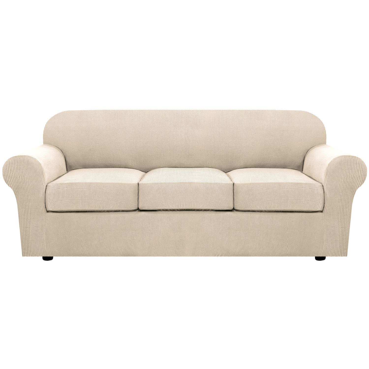 H.VERSAILTEX 4-Piece Stretch Sofa Slipcover for 3-Cushion Couch - Upgraded Thick Jacquard Fabric, Natural Color - Perfect for Living Room, Family Room & Home Decor Protection