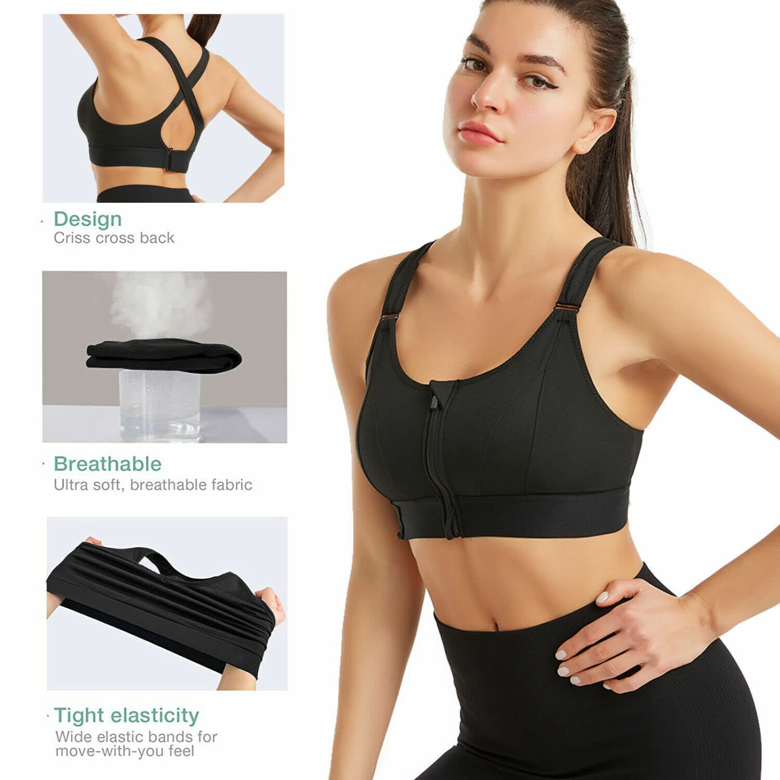 High Support Front Zip Sports Bra for Women - Adjustable Plus Size Workout Top, Sexy Supportive Yoga Bra for Running, Gym & Active Wear