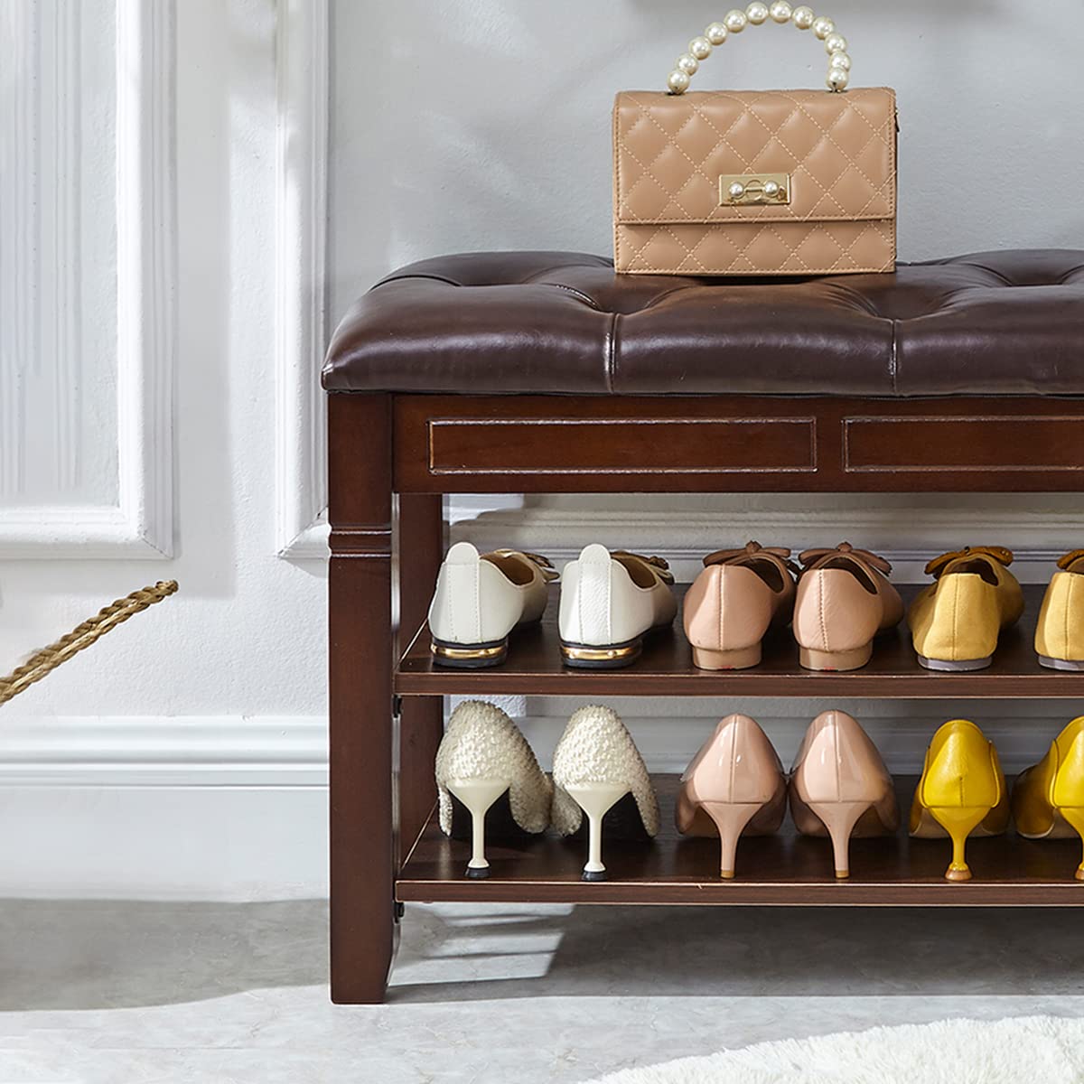 LEILISI 2-Tier Wooden Shoe Bench with Storage & Lift Top Cushion - 39.4