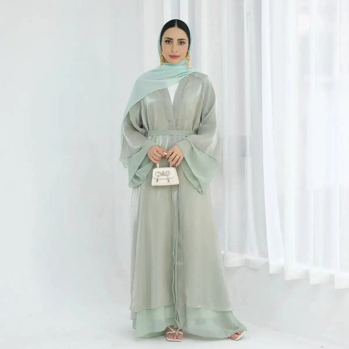 Elegant Reversible 2-Layer Chiffon Open Abaya Dress for Women - Modest Muslim Prayer Dress & Evening Wear