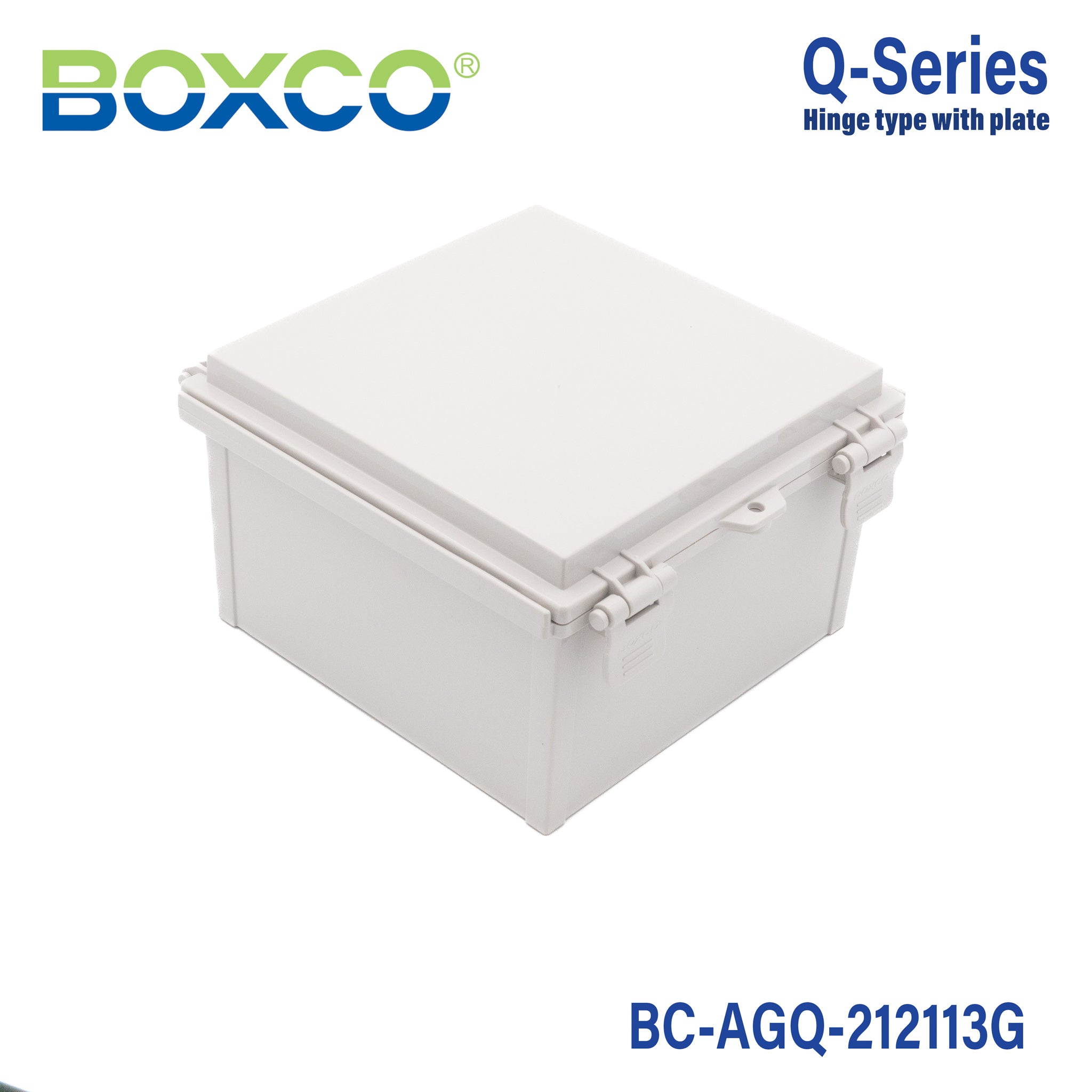 Boxco Q Series 8.27 x 8.27 x 5.12 Inches (210 x 210 x 130mm) Waterproof Plastic Enclosure - IP67 Rated, IK08 Impact Resistant, ABS Material, Grey Hinged Cover with Mounting Plate - Ideal for Outdoor Electronics, Industrial Control Boxes & DIY Projects